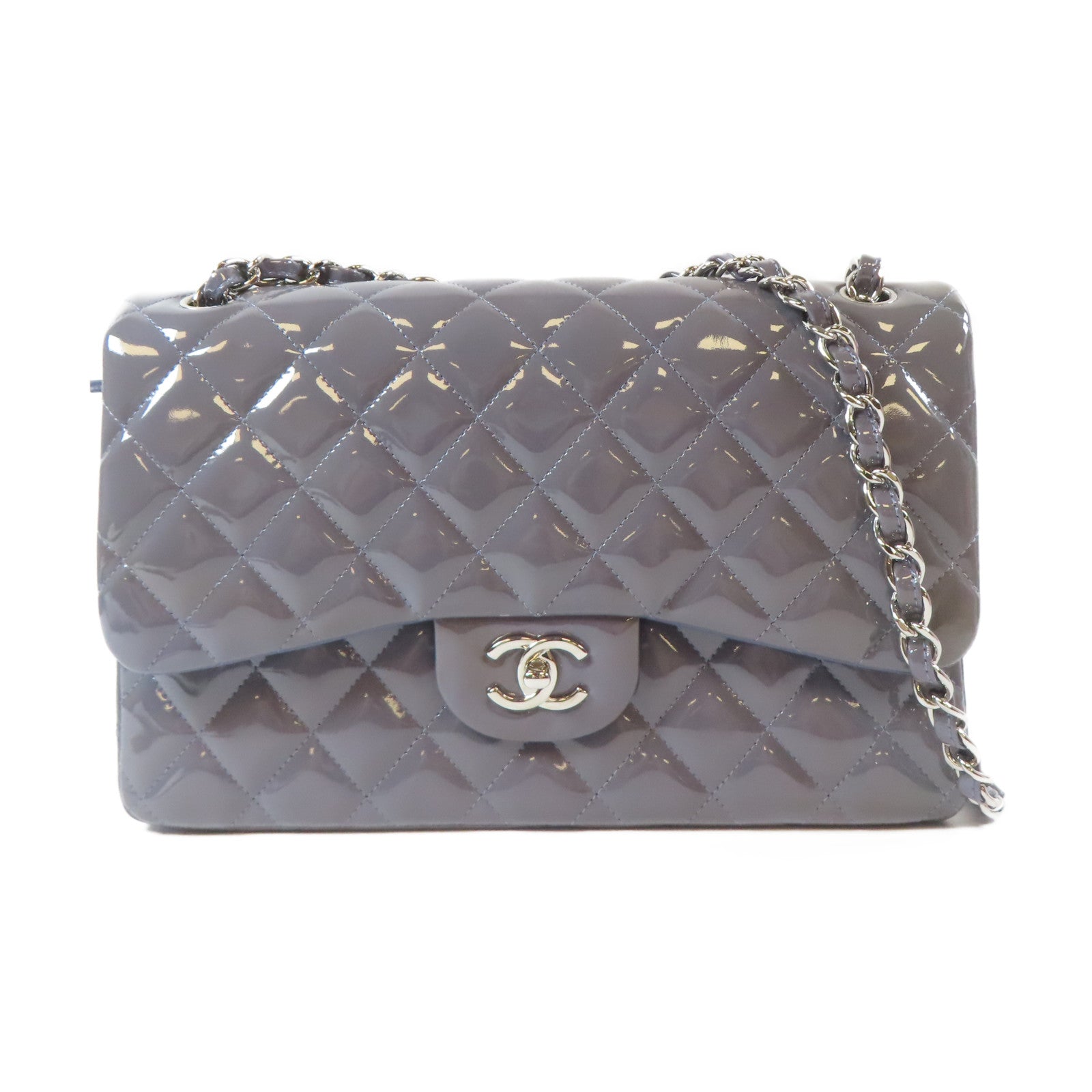 CHANEL 【激減優惠】菱格漆皮皮革Classic銀扣鏈帶肩背袋紫色