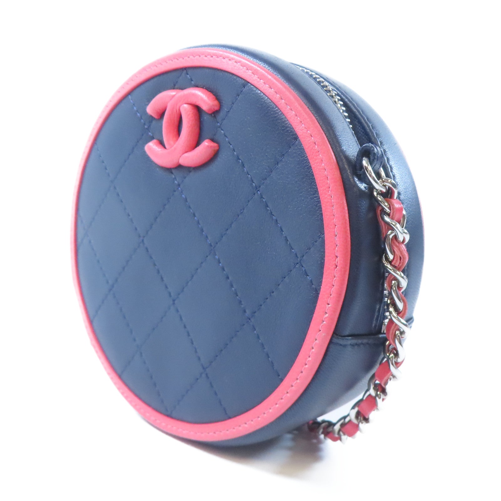 CHANEL 【激減優惠】菱格羊皮皮革Chain Shoulder銀扣鏈帶肩背袋深藍色/粉紅色