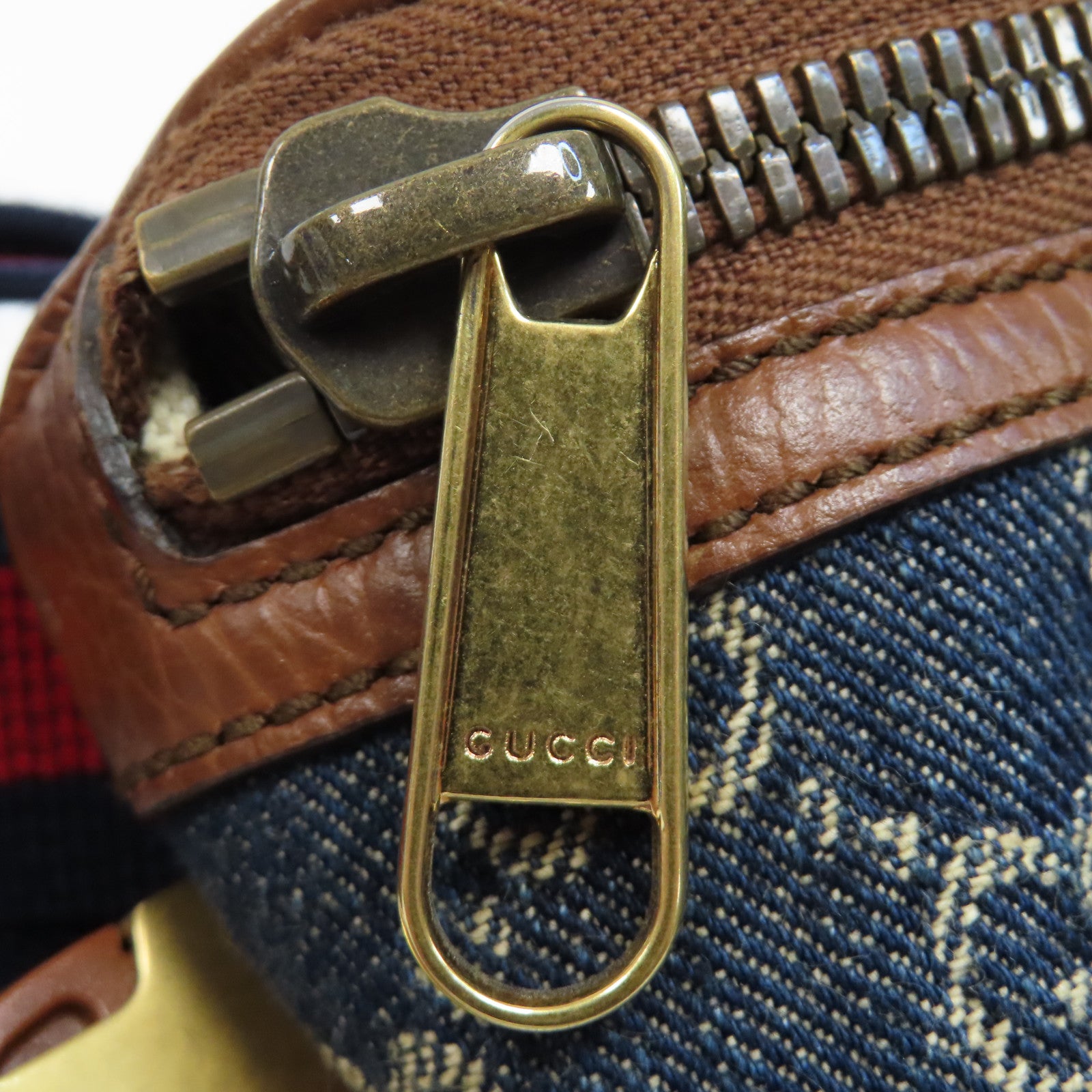 GUCCI 帆布/牛皮皮革Waist Bag金扣腰包藍色/啡色
