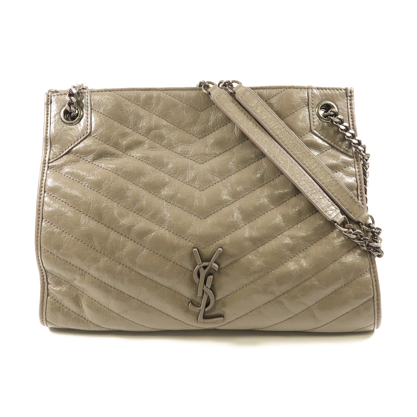 SAINT LAURENT 牛皮皮革Niki Shoulder Bag銀扣鏈帶肩背袋米色