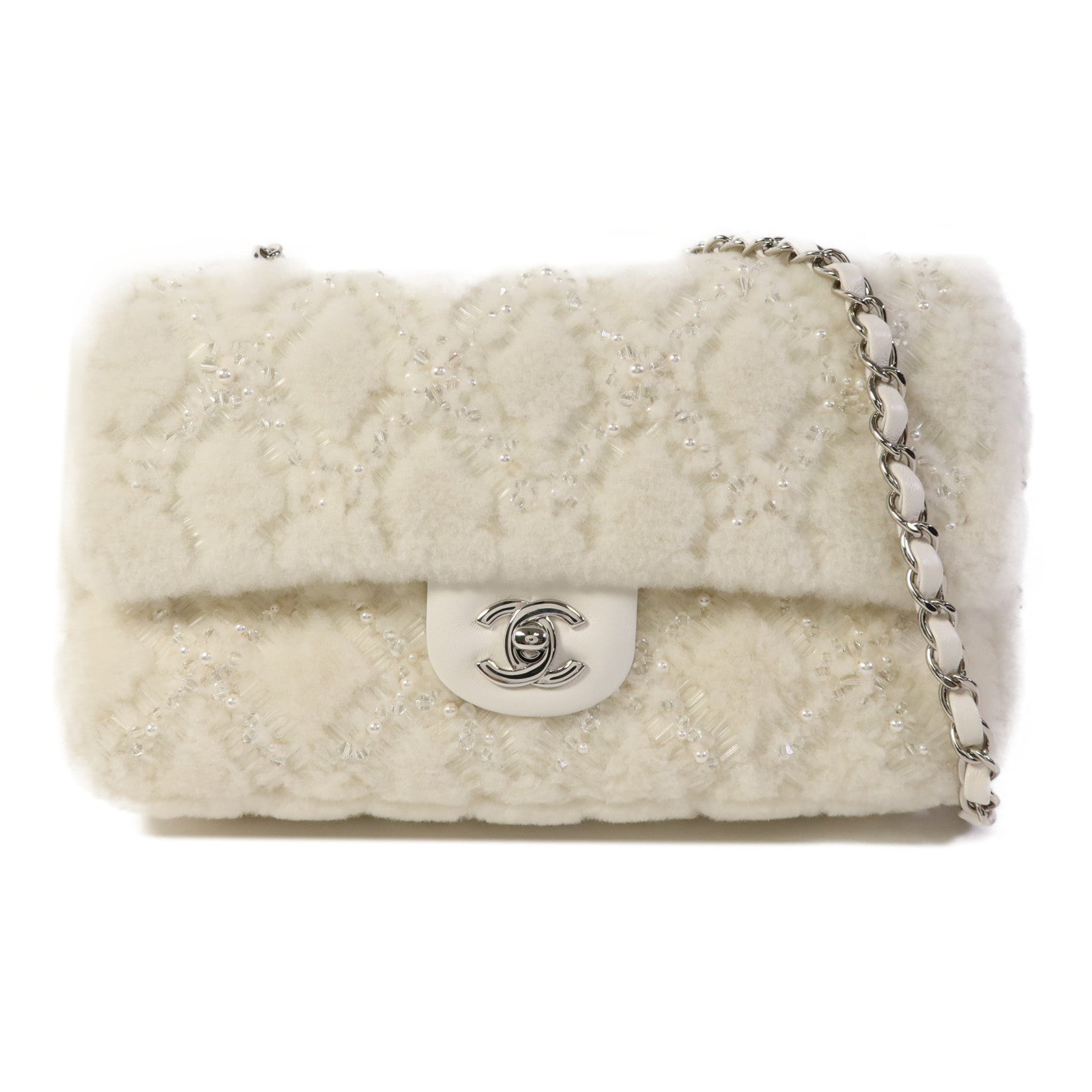 CHANEL 羊毛皮Embroidered Shearling Flap Bag銀扣鏈帶肩背袋