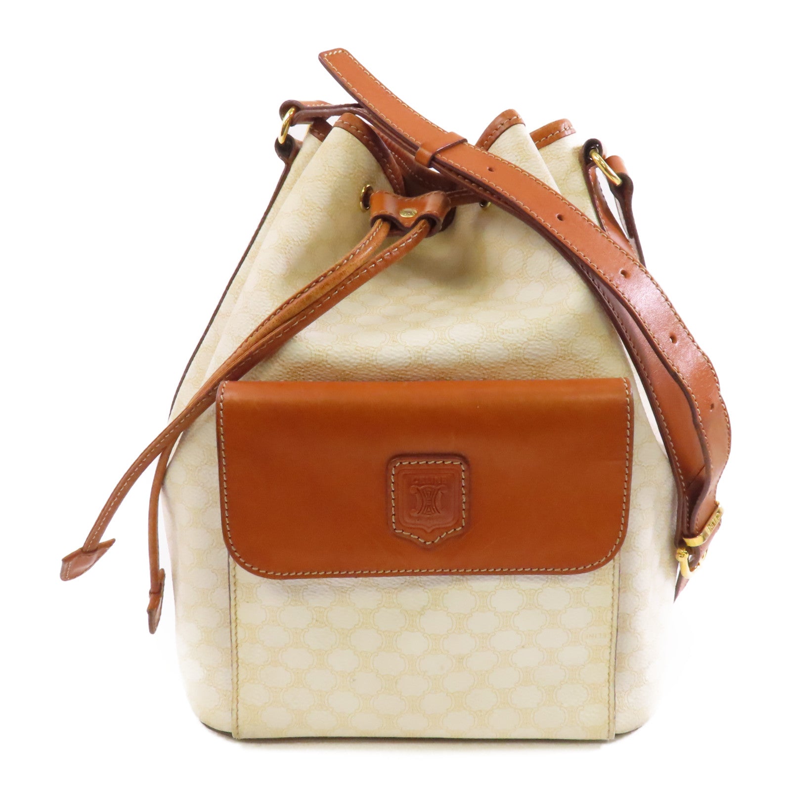CELINE 塗層帆布/皮革Vintage Bucket Bag金扣肩背袋白色/啡色