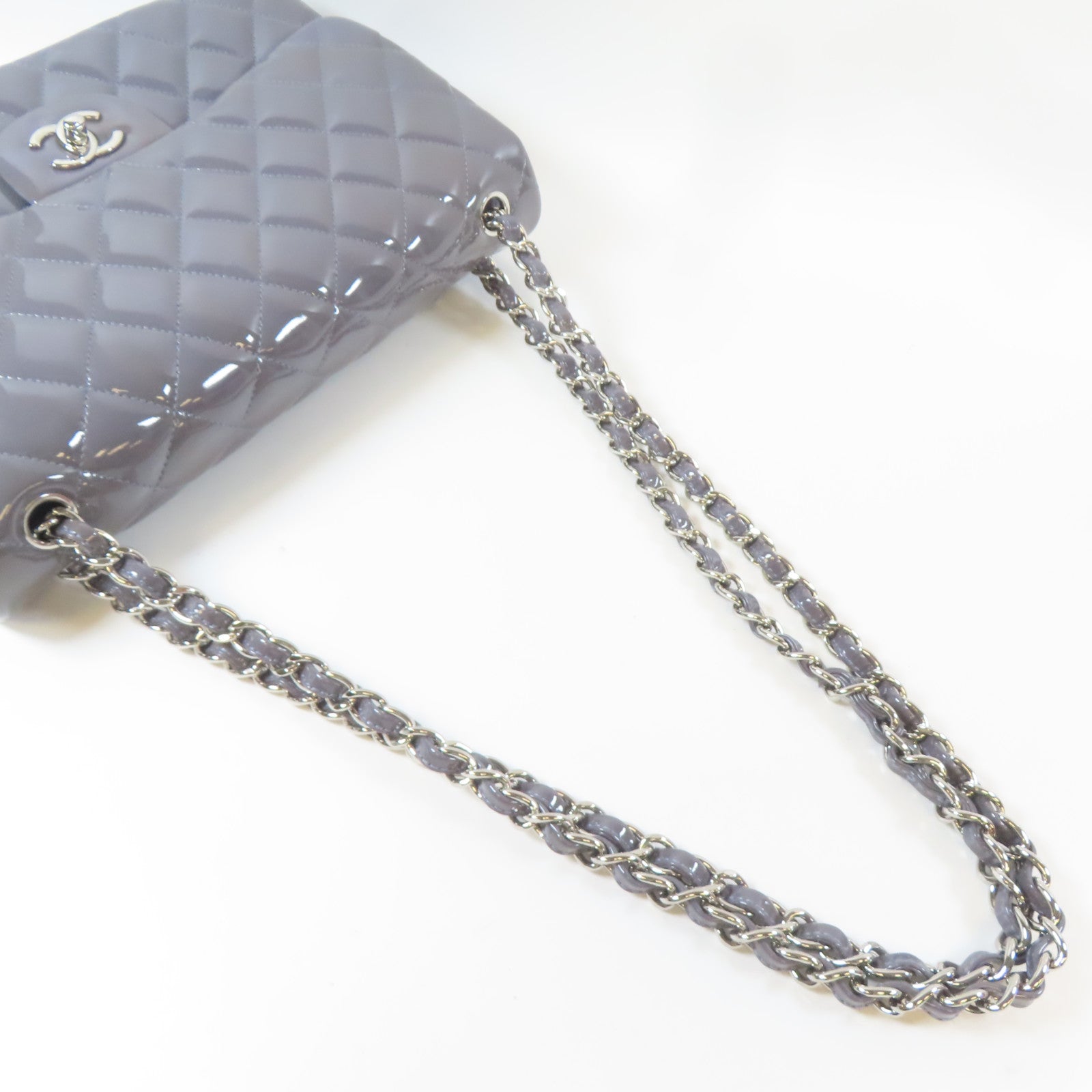 CHANEL 【激減優惠】菱格漆皮皮革Classic銀扣鏈帶肩背袋紫色