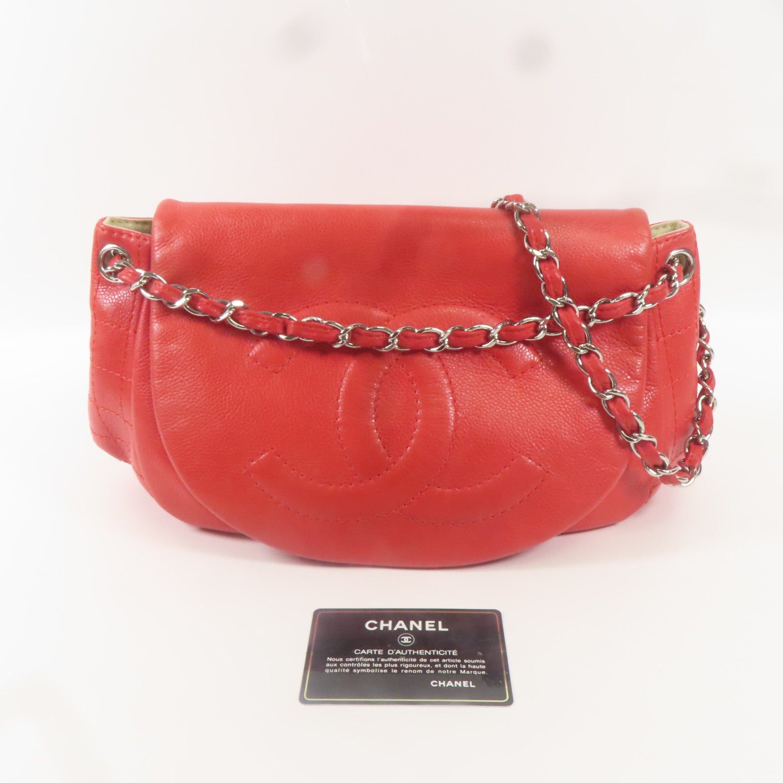 CHANEL 牛皮皮革Shoulder Bag銀扣肩背袋紅色