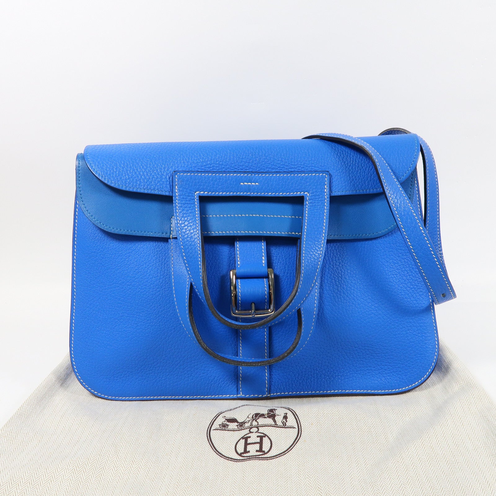 HERMES Clemence皮革Halzan 31銀扣手挽肩背兩用袋Bleu Zanzibar/藍色