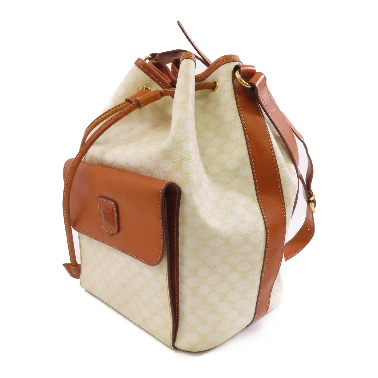 CELINE 塗層帆布/皮革Vintage Bucket Bag金扣肩背袋白色/啡色