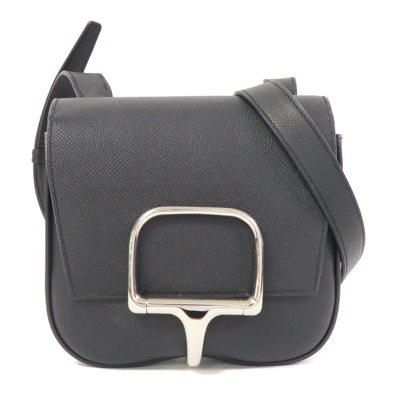 HERMES Epsom皮革Mini Della Cavalleria Bag銀扣肩背袋黑色