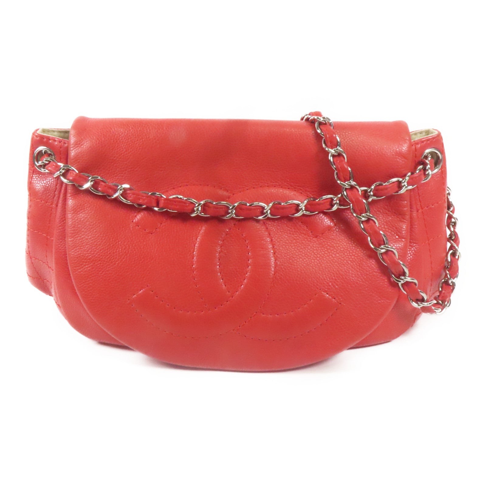 CHANEL 牛皮皮革Shoulder Bag銀扣肩背袋紅色