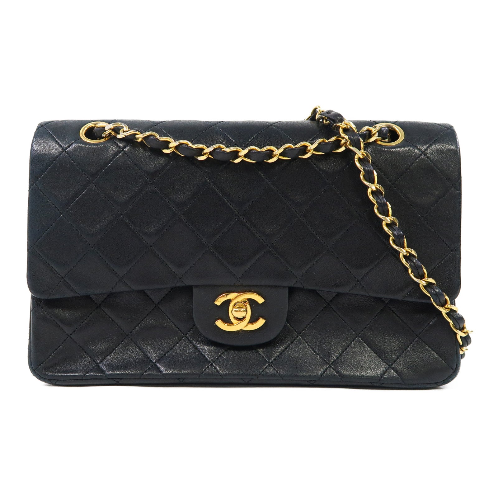 CHANEL 菱格羊皮皮革Vintage Classic Bag金扣鏈帶肩背袋黑色