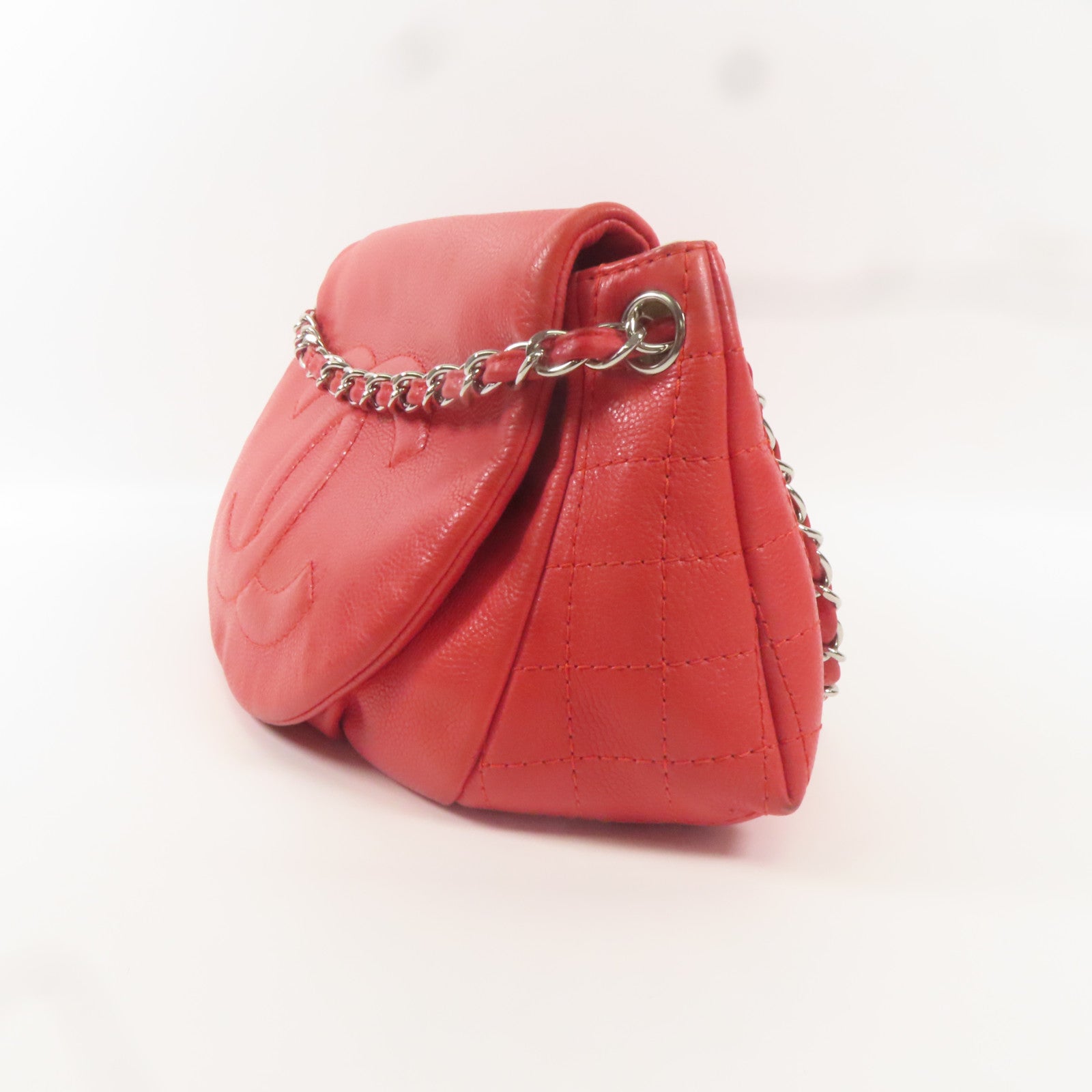 CHANEL 牛皮皮革Shoulder Bag銀扣肩背袋紅色