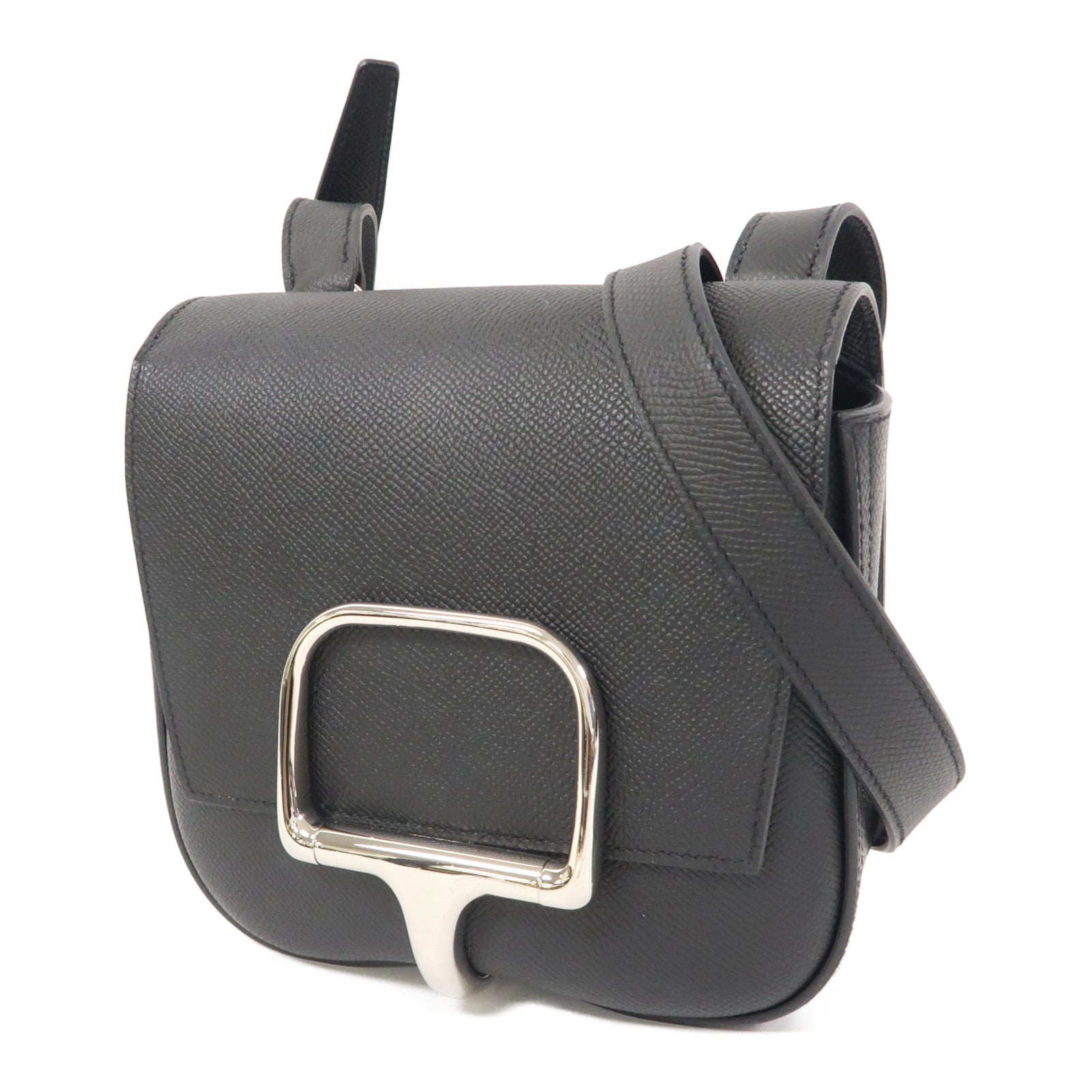 HERMES Epsom皮革Mini Della Cavalleria Bag銀扣肩背袋黑色