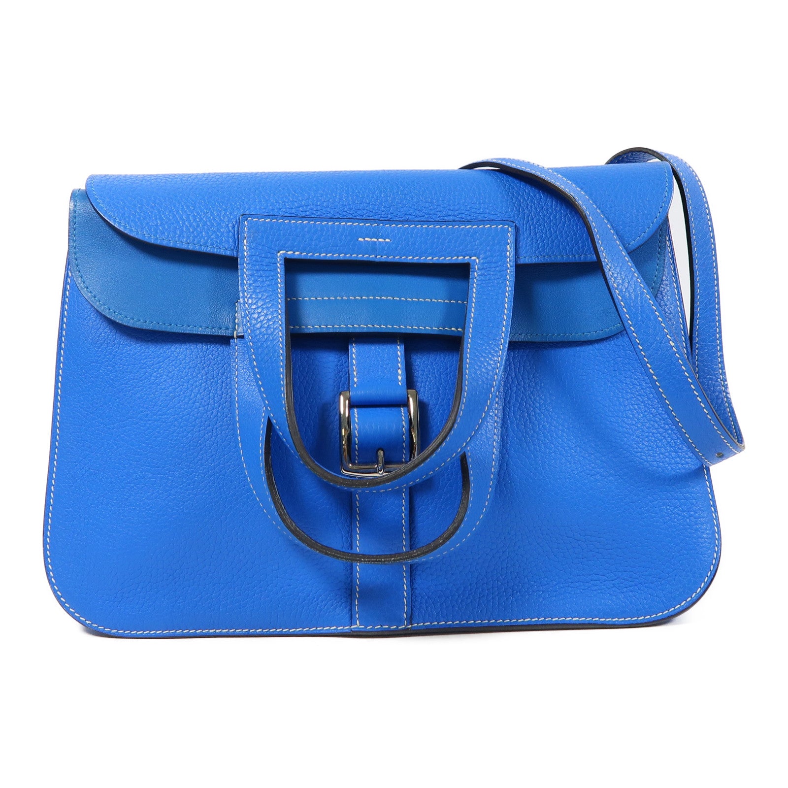 HERMES Clemence皮革Halzan 31銀扣手挽肩背兩用袋Bleu Zanzibar/藍色