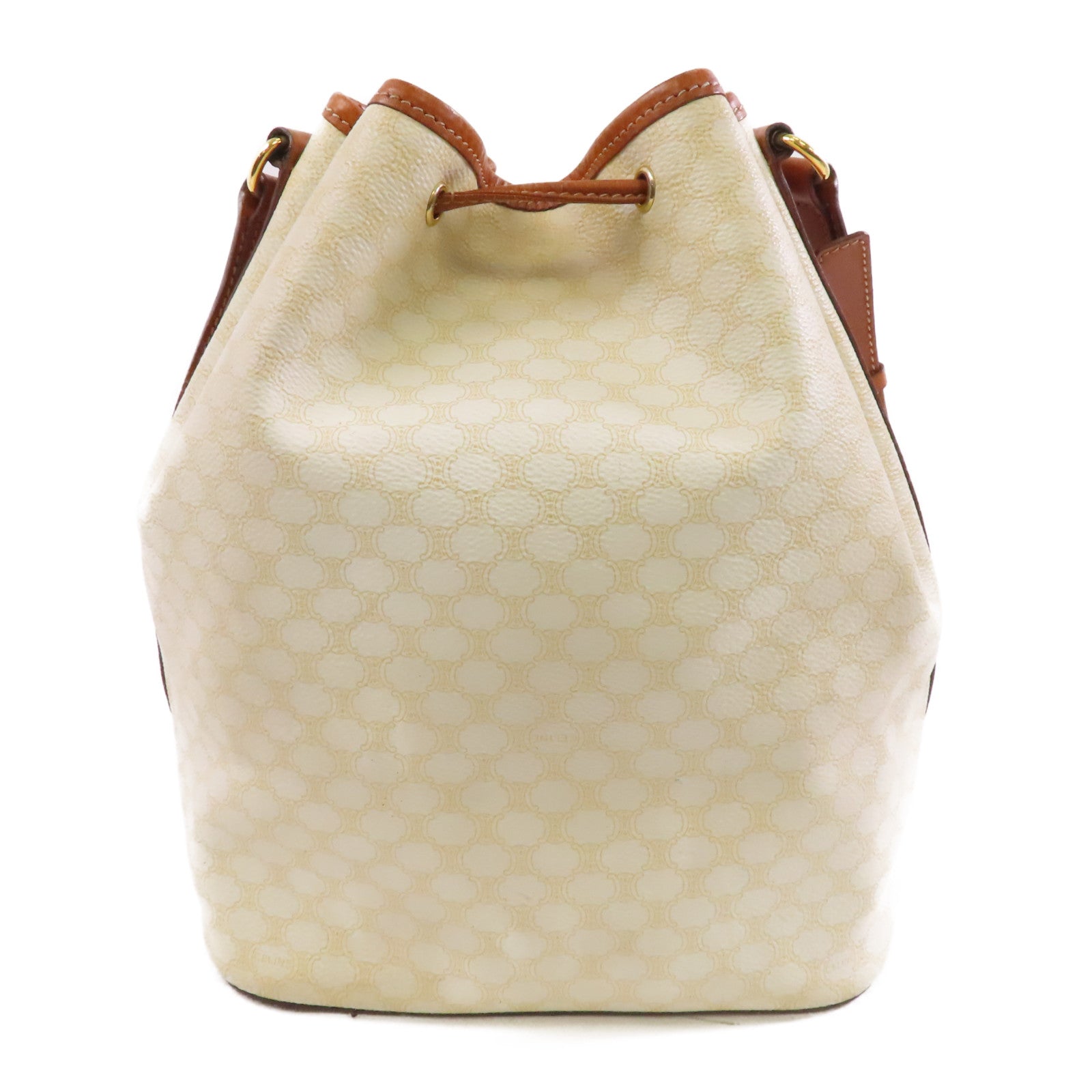 CELINE 塗層帆布/皮革Vintage Bucket Bag金扣肩背袋白色/啡色