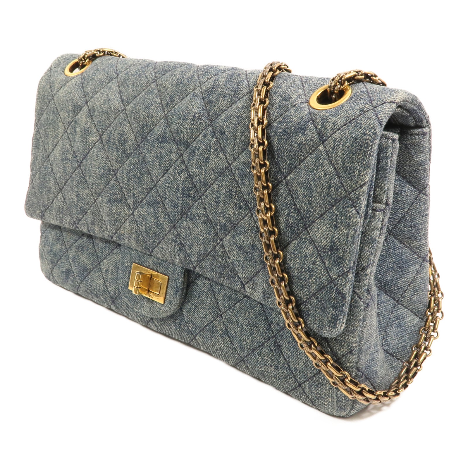 CHANEL 牛仔布2.55 Large金扣鏈帶肩背袋