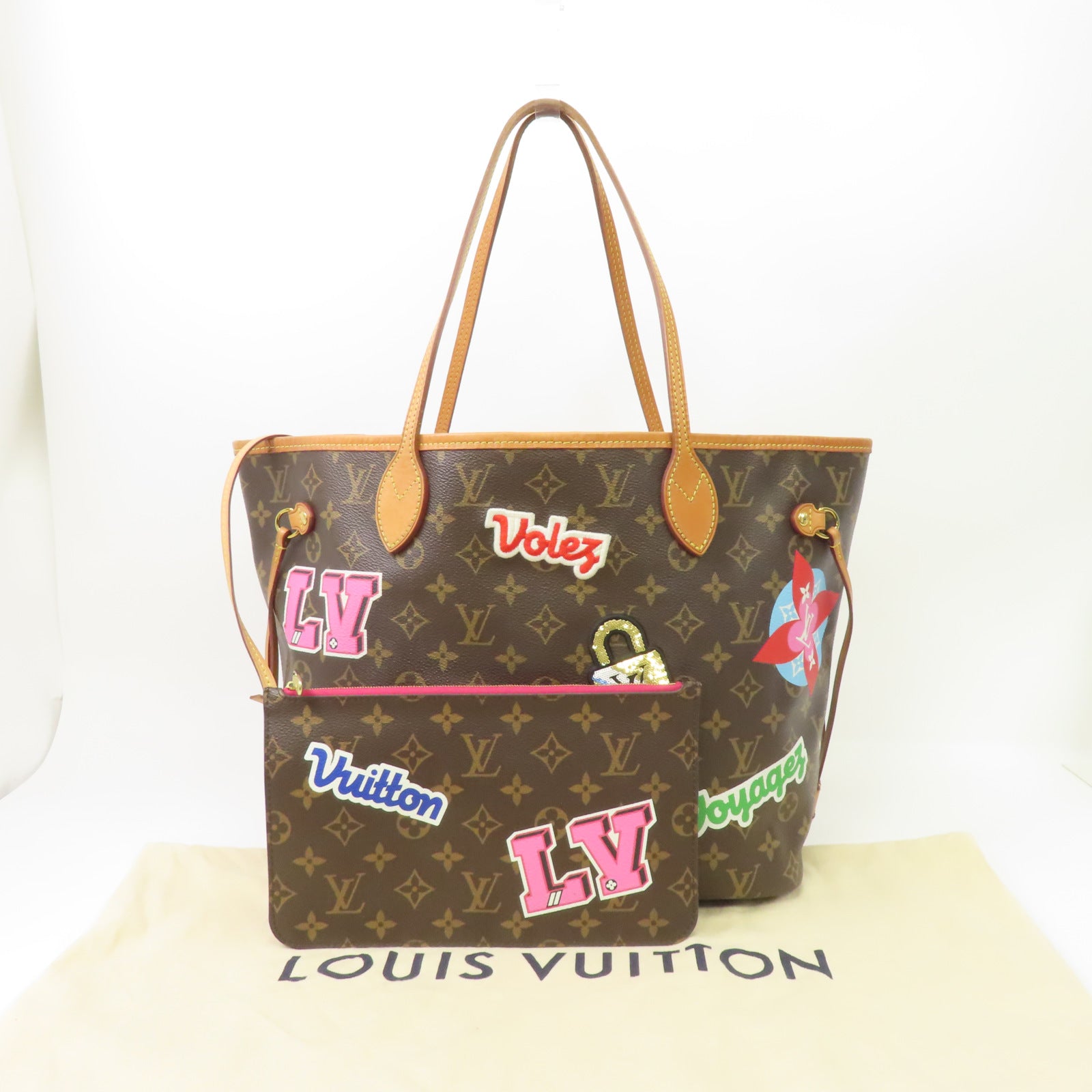 LOUIS VUITTON Monogram Neverfull MM金扣手挽袋棕色