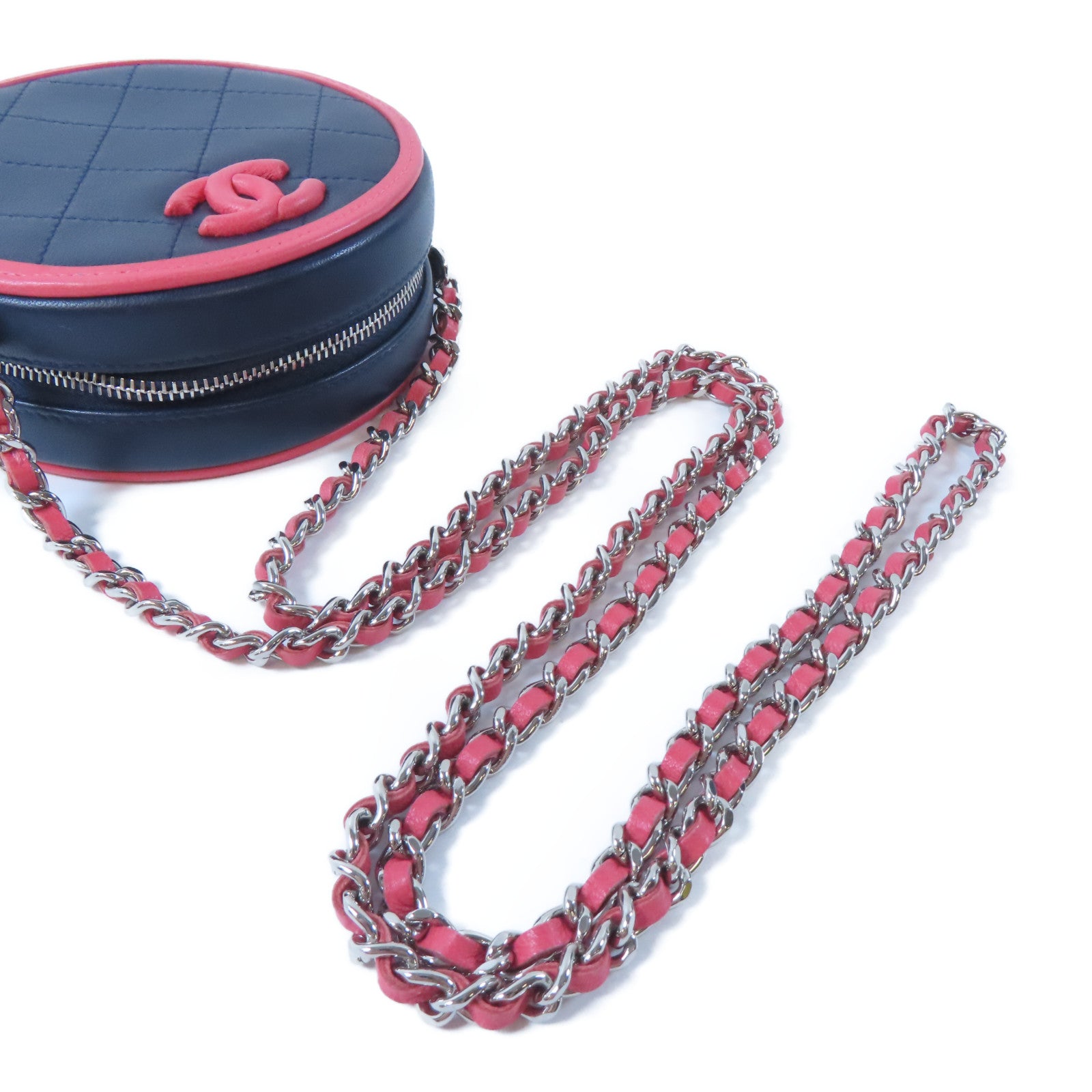 CHANEL 【激減優惠】菱格羊皮皮革Chain Shoulder銀扣鏈帶肩背袋深藍色/粉紅色