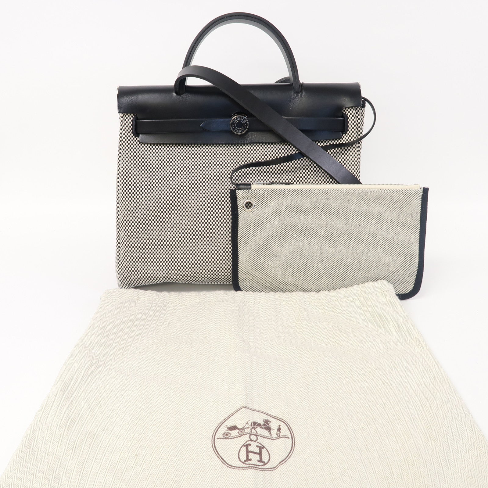 HERMES 帆布Herbag PM銀扣手挽肩背兩用袋黑色/白色