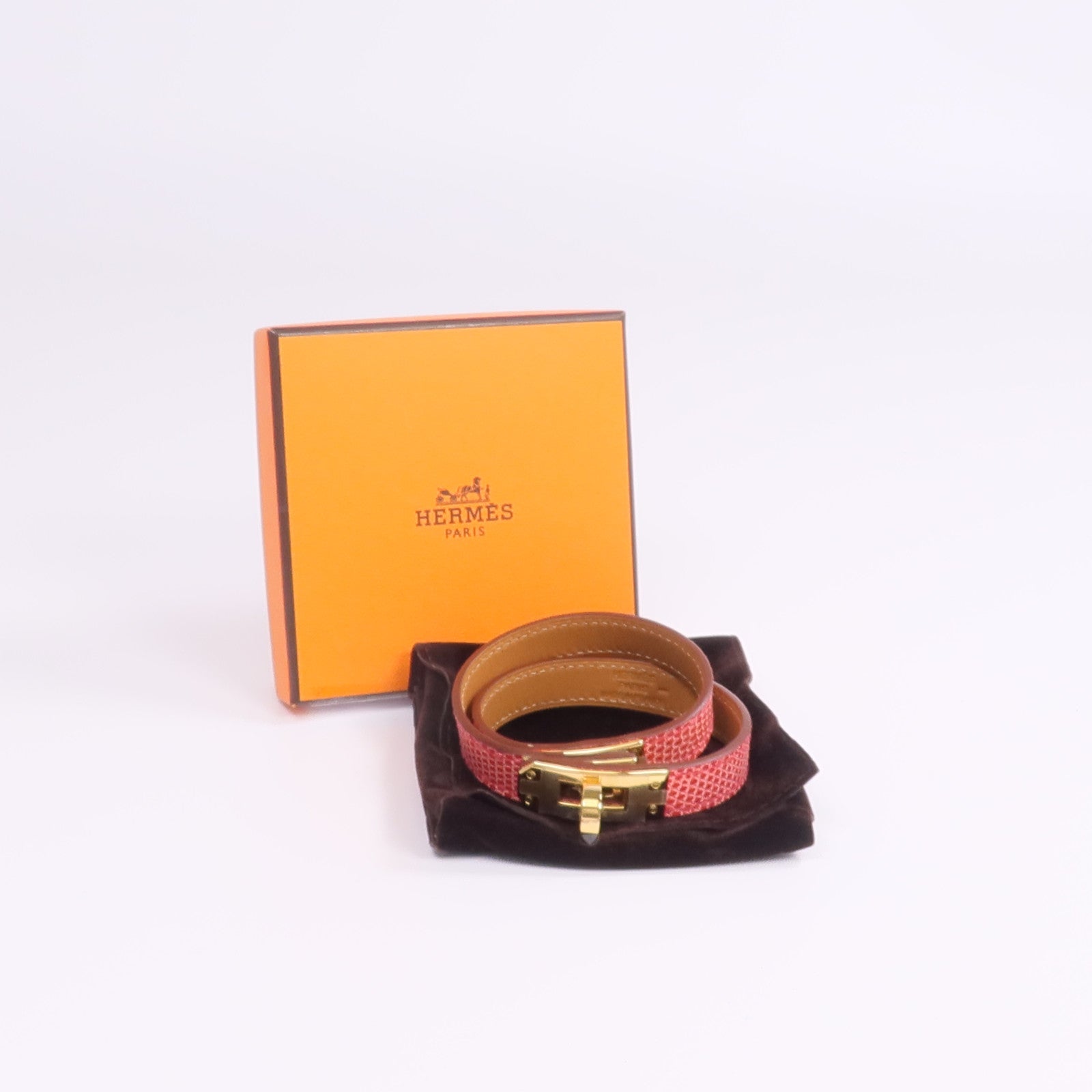 HERMES 【激減優惠】Lizard皮革Kelly Double Tour Bracelet金扣手帶