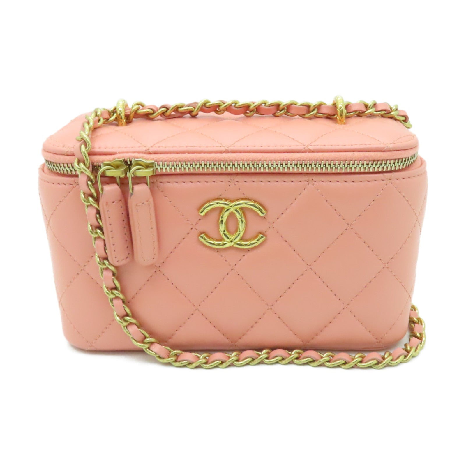 CHANEL 【激減優惠】菱格羊皮皮革Vanity Case金扣鏈帶肩背袋粉紅色