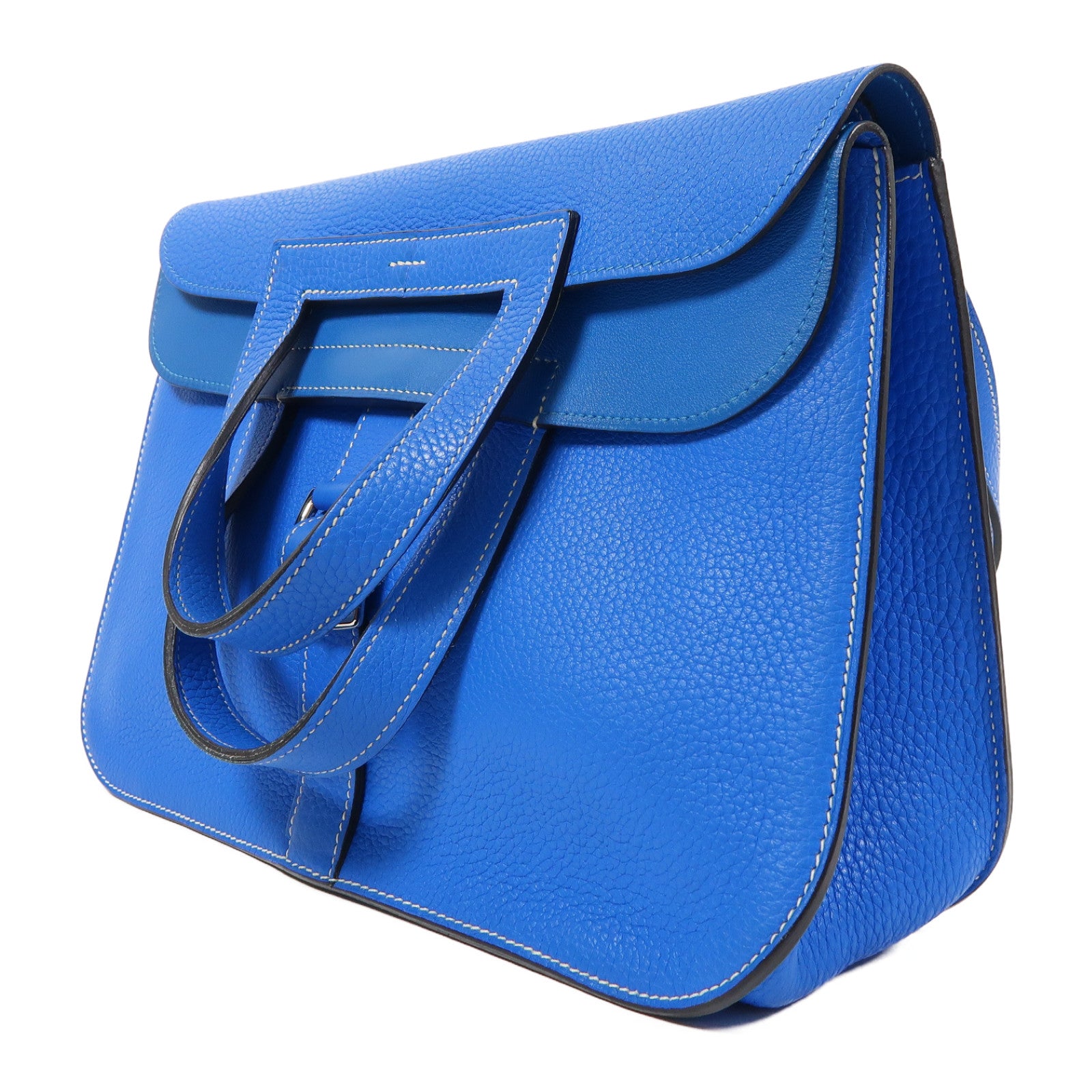 HERMES Clemence皮革Halzan 31銀扣手挽肩背兩用袋Bleu Zanzibar/藍色