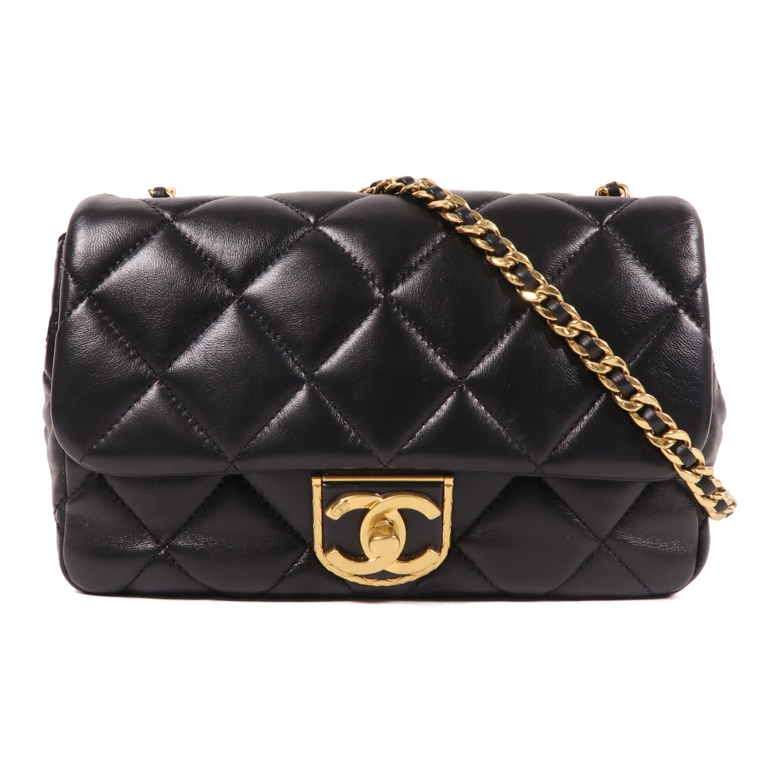 CHANEL 羊皮皮革Chain Shoulder金扣肩背袋黑色