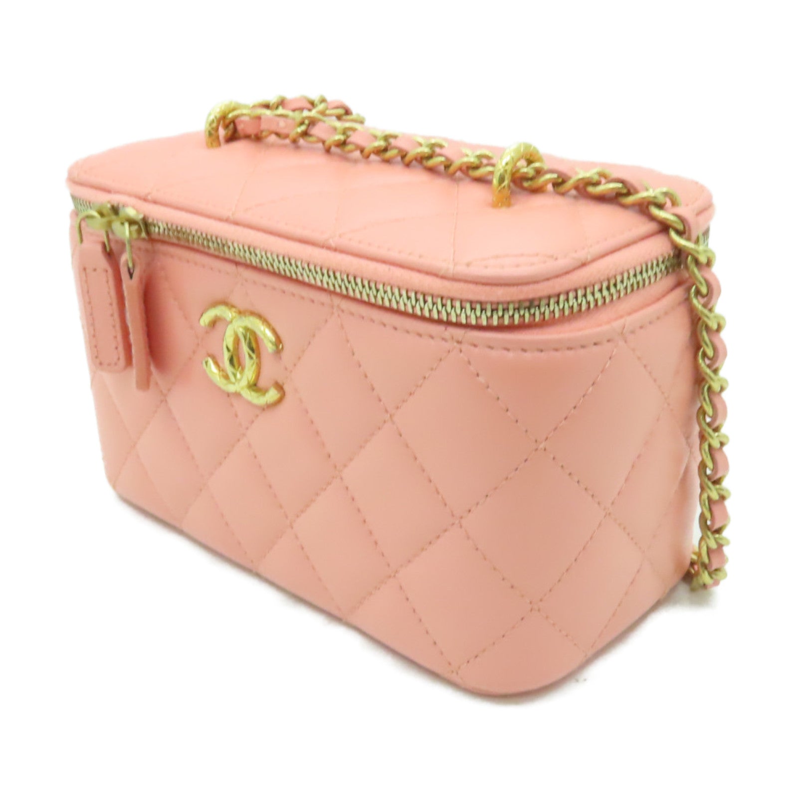CHANEL 【激減優惠】菱格羊皮皮革Vanity Case金扣鏈帶肩背袋粉紅色