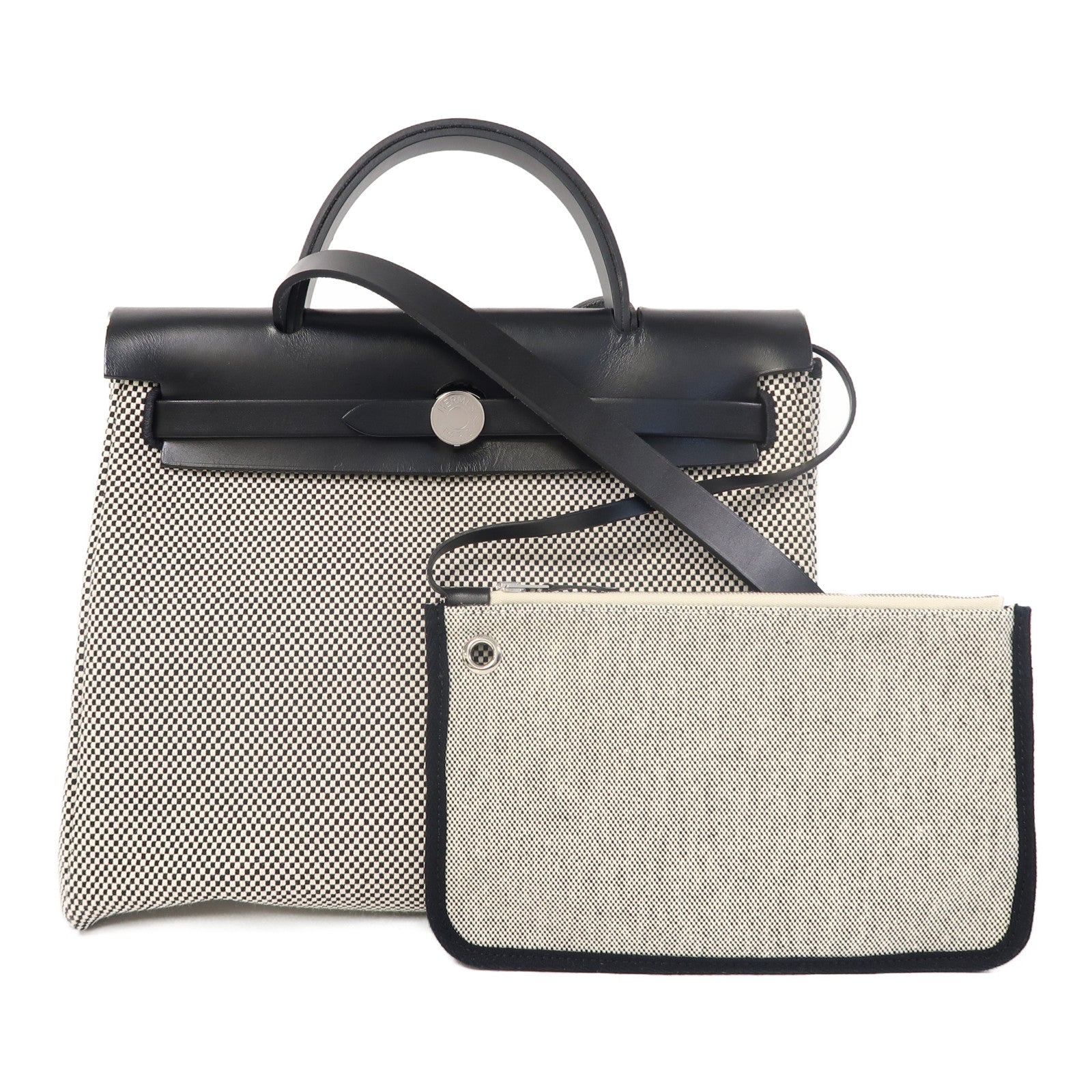 HERMES 帆布Herbag PM銀扣手挽肩背兩用袋黑色/白色