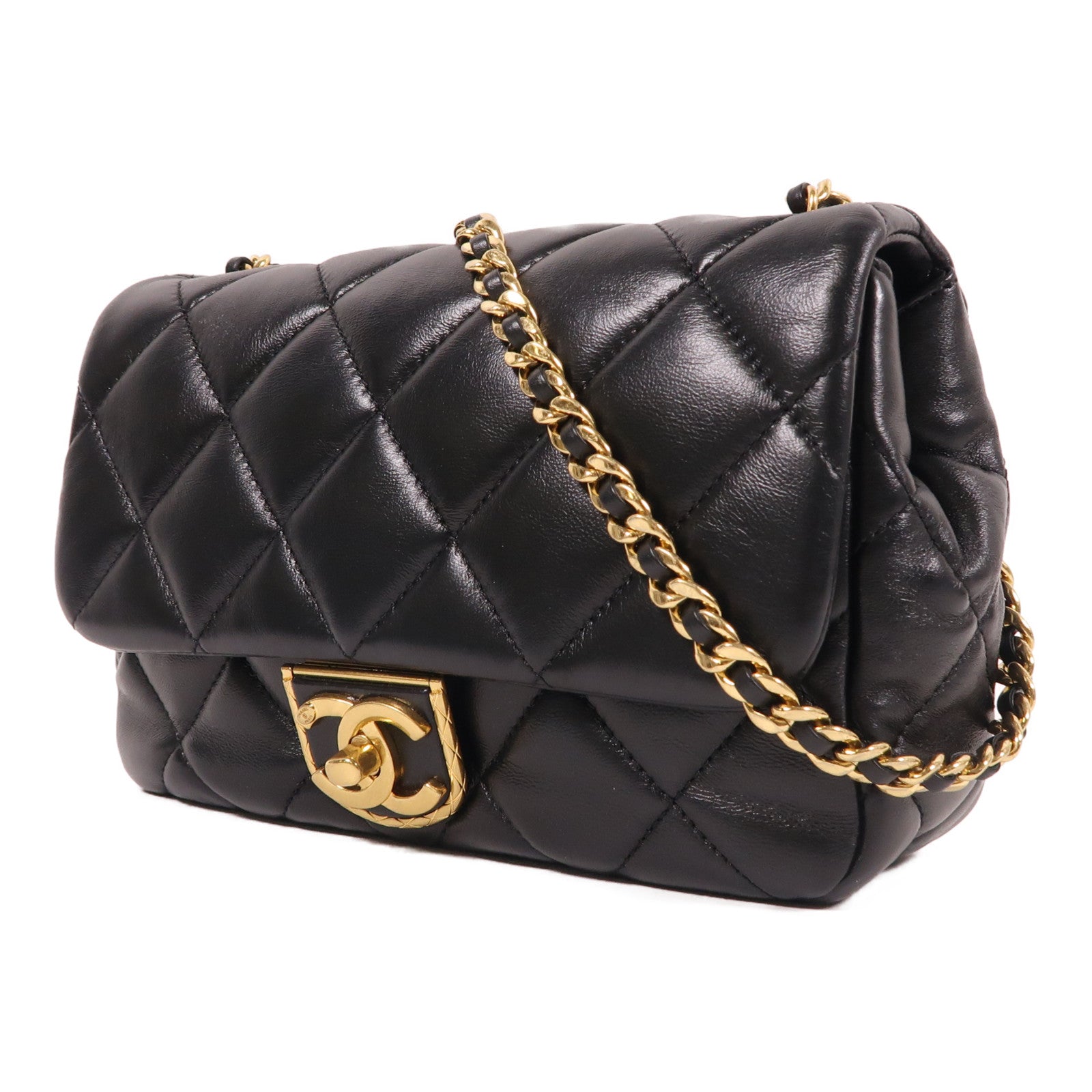 CHANEL 羊皮皮革Chain Shoulder金扣肩背袋黑色
