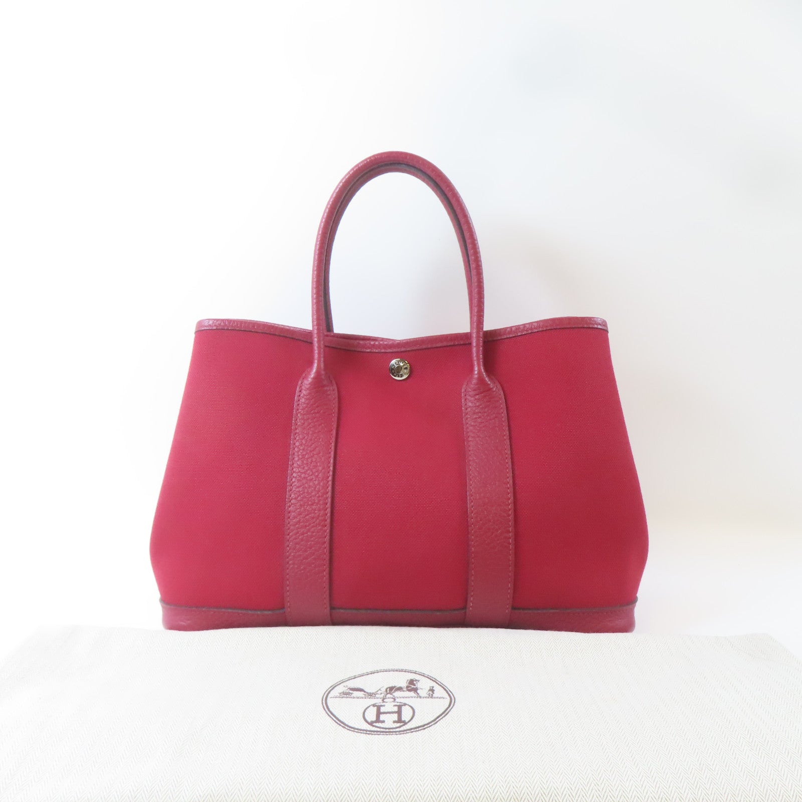 HERMES 【清倉大減價】帆布Garden Party TPM銀扣手挽袋Rouge Casaque/紅色