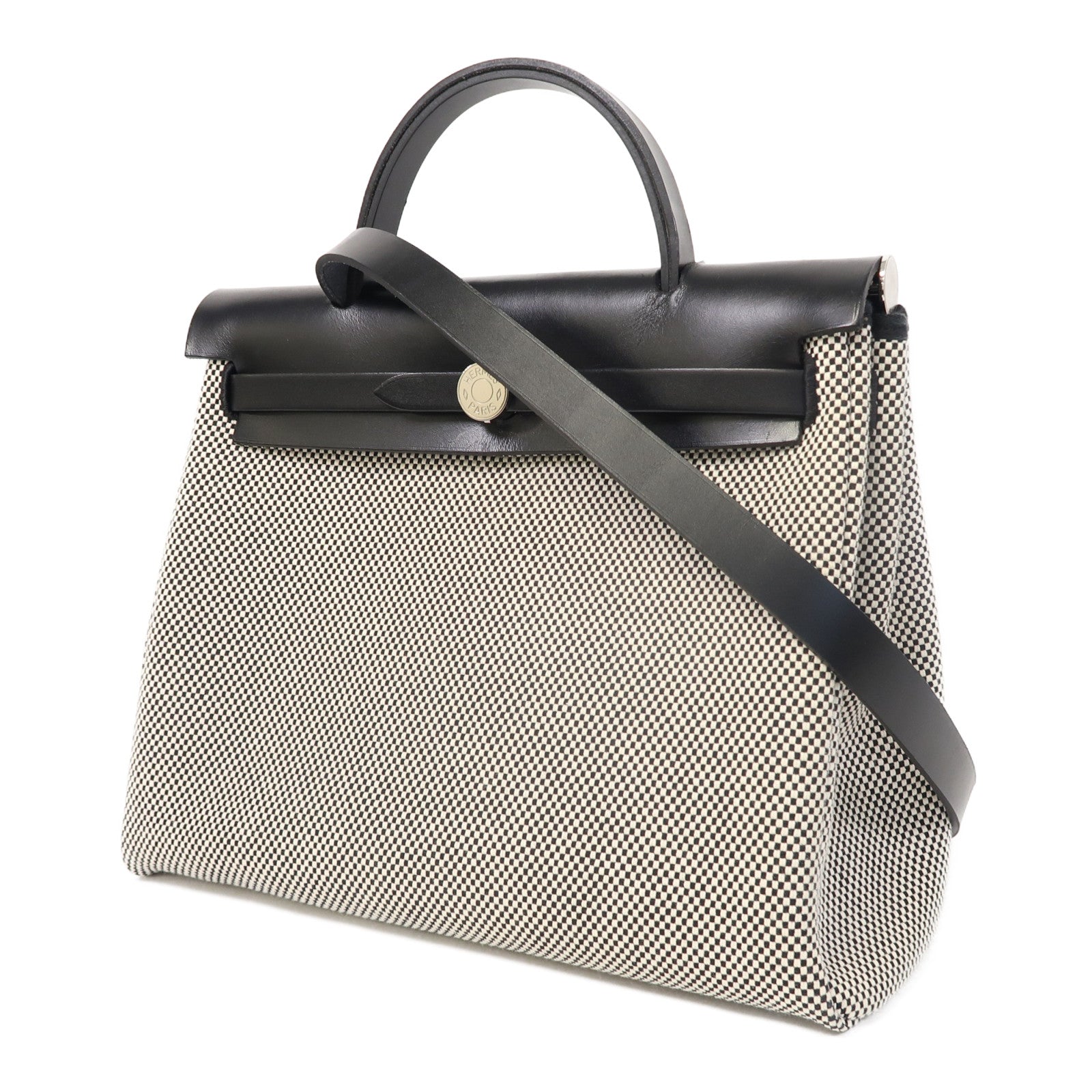 HERMES 帆布Herbag PM銀扣手挽肩背兩用袋黑色/白色