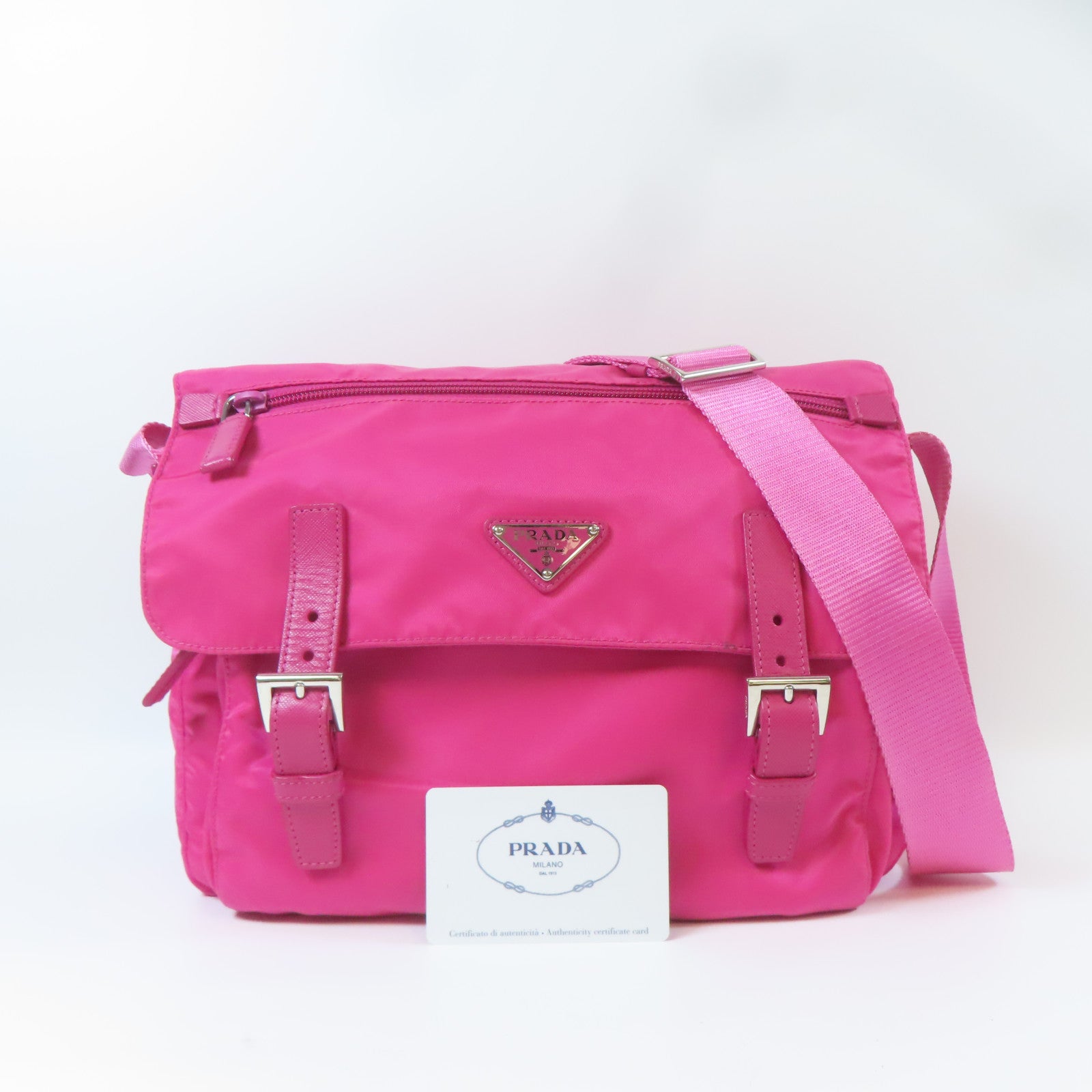PRADA 尼龍Messenger Bag銀扣肩背袋粉紅色