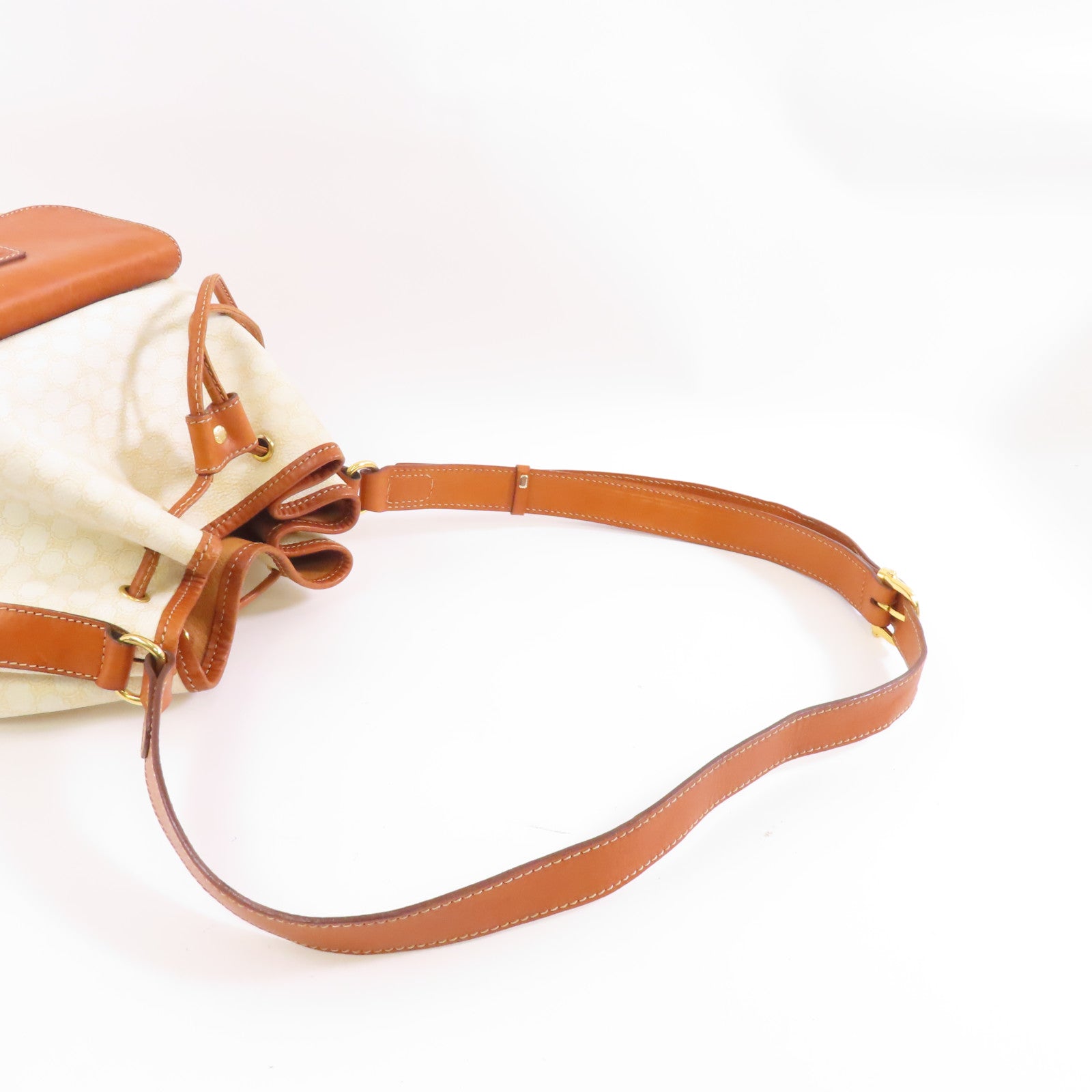 CELINE 塗層帆布/皮革Vintage Bucket Bag金扣肩背袋白色/啡色
