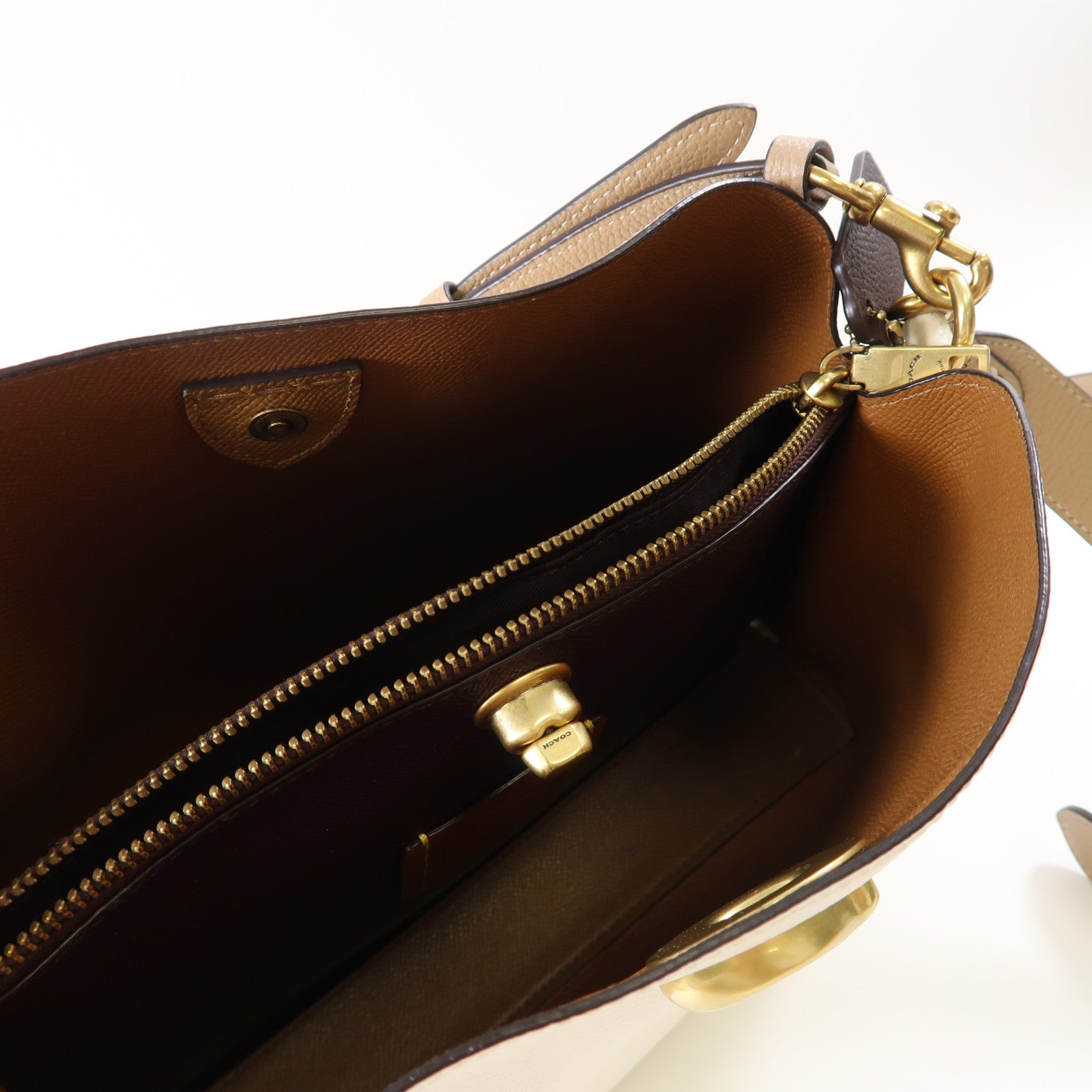 COACH 【激減優惠】皮革Willow Shoulder Bag金扣手挽肩背兩用袋米色/棕色