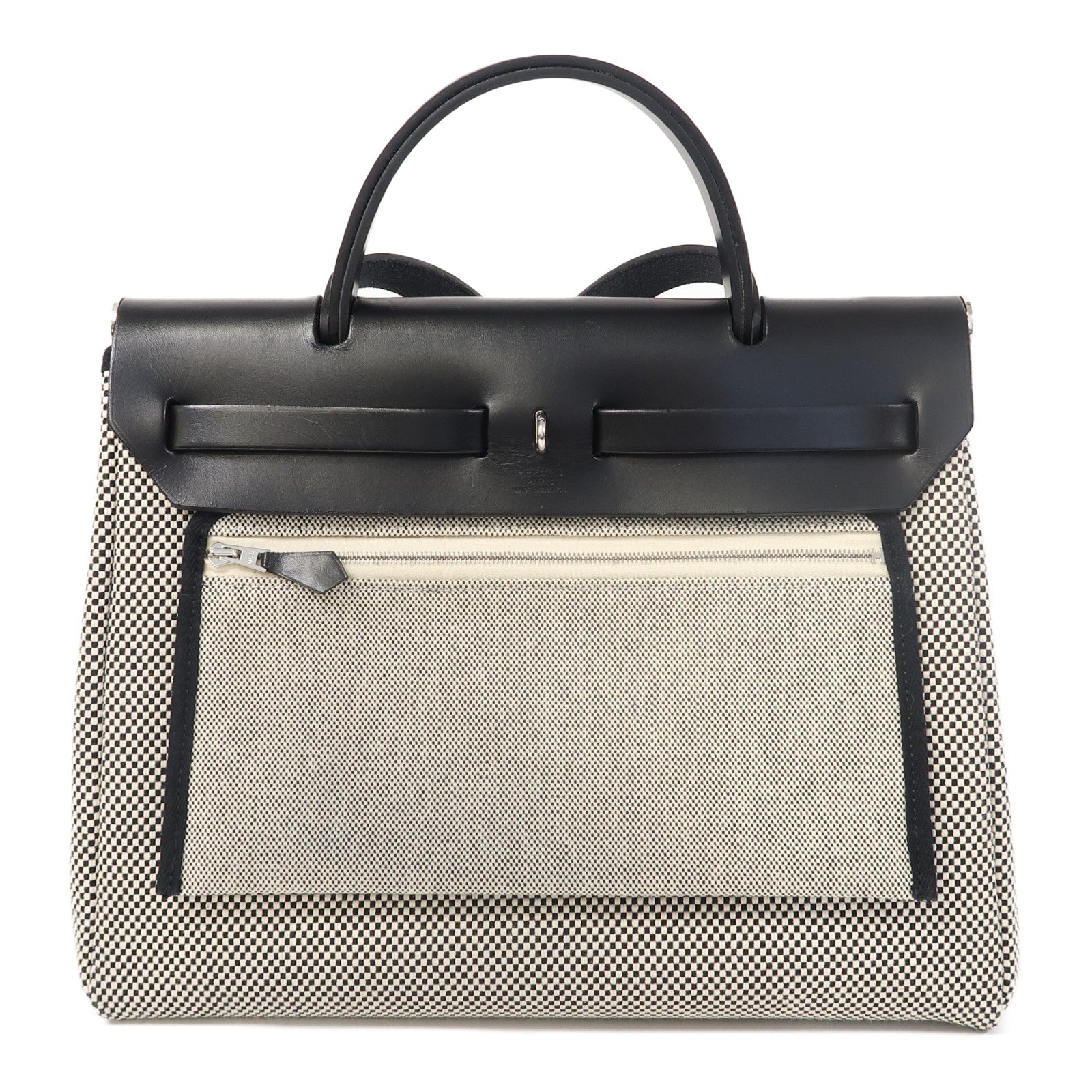 HERMES 帆布Herbag PM銀扣手挽肩背兩用袋黑色/白色