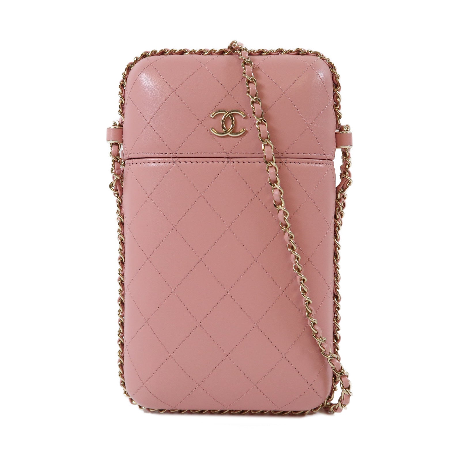 CHANEL 【激減優惠】菱格羊皮皮革Phone Box金扣鏈帶肩背袋粉紅色