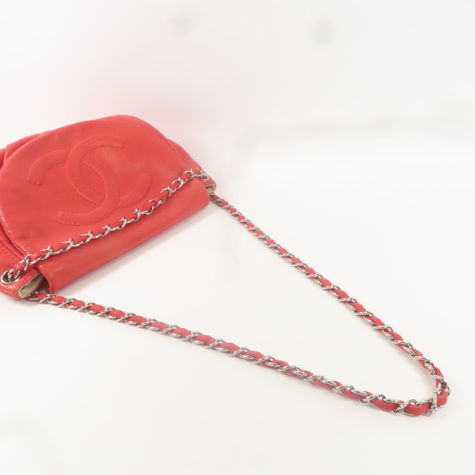 CHANEL 牛皮皮革Shoulder Bag銀扣肩背袋紅色