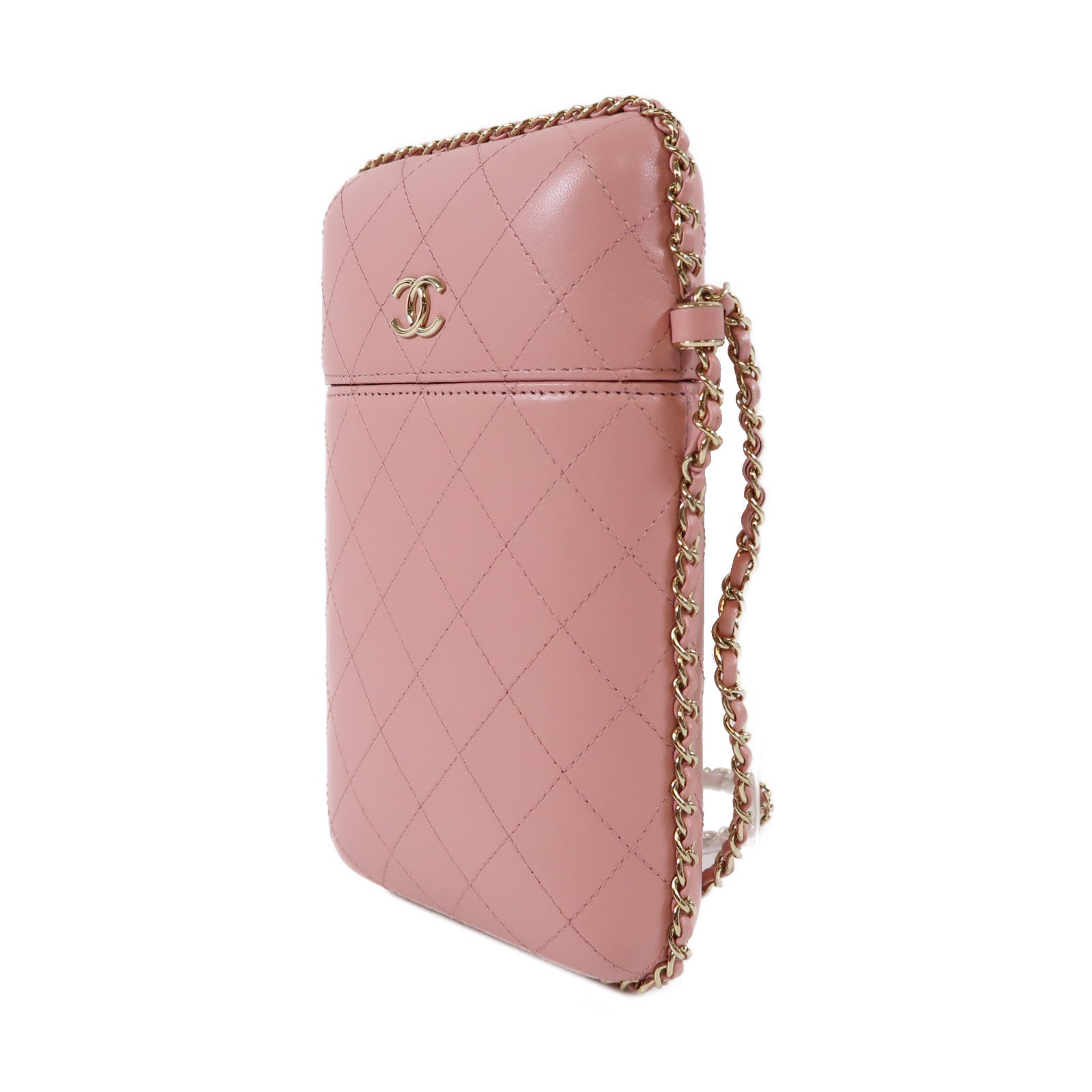 CHANEL 【激減優惠】菱格羊皮皮革Phone Box金扣鏈帶肩背袋粉紅色