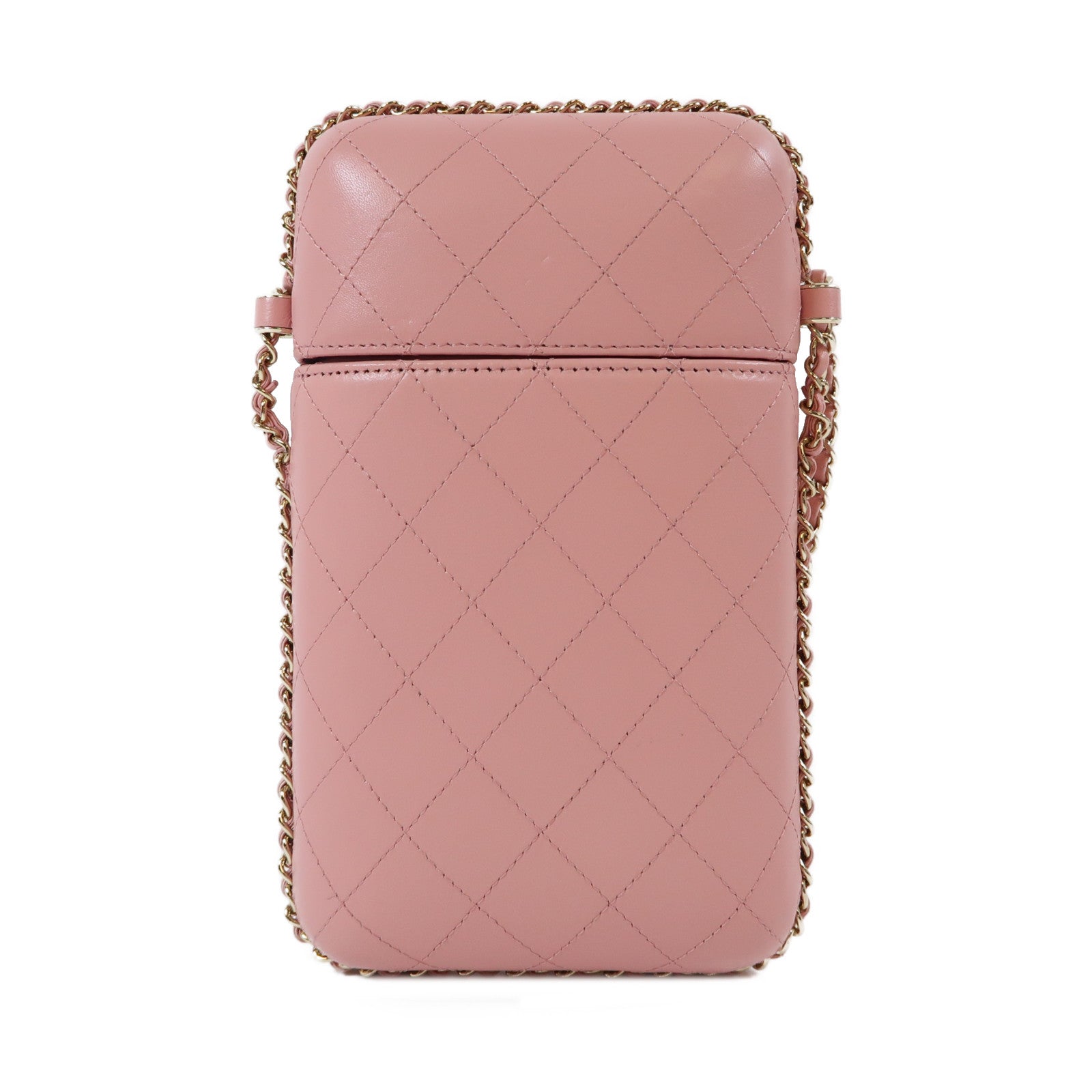 CHANEL 【激減優惠】菱格羊皮皮革Phone Box金扣鏈帶肩背袋粉紅色