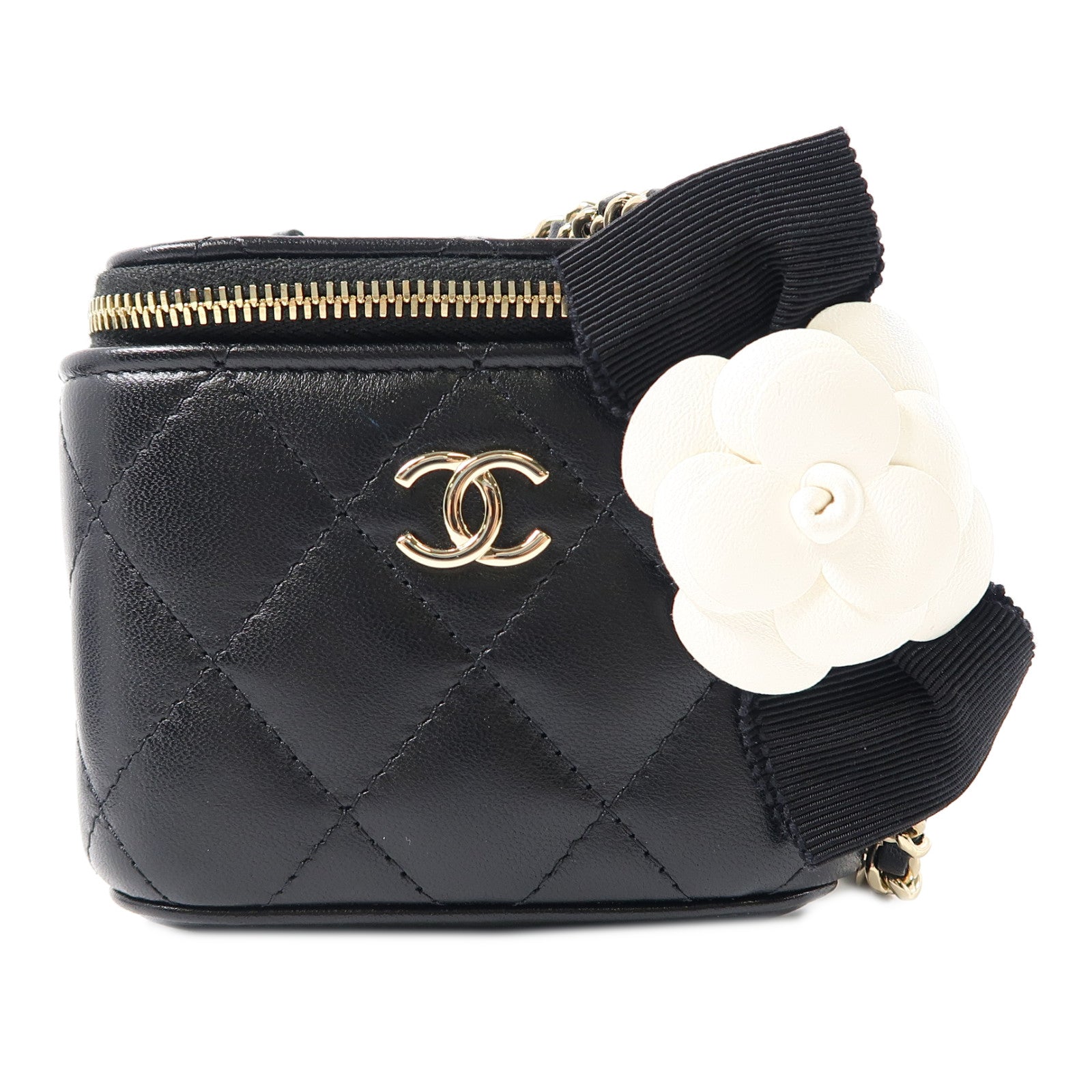 CHANEL 菱格羊皮皮革Vanity金扣鏈帶肩背袋黑色