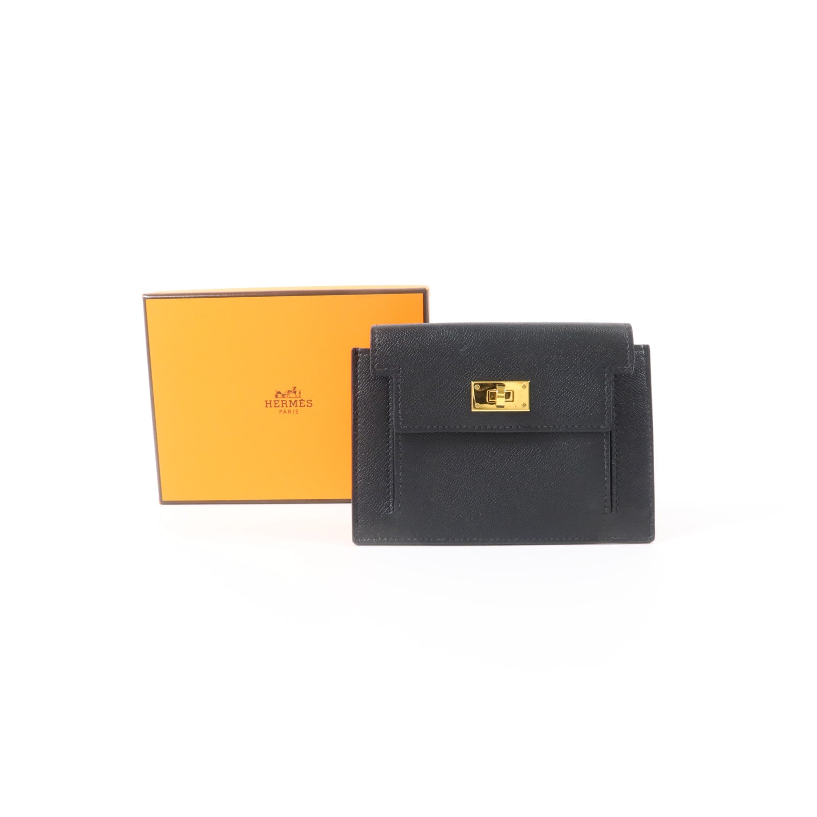 HERMES Madame皮革Kelly Pocket Compact Wallet金扣錢包Noir