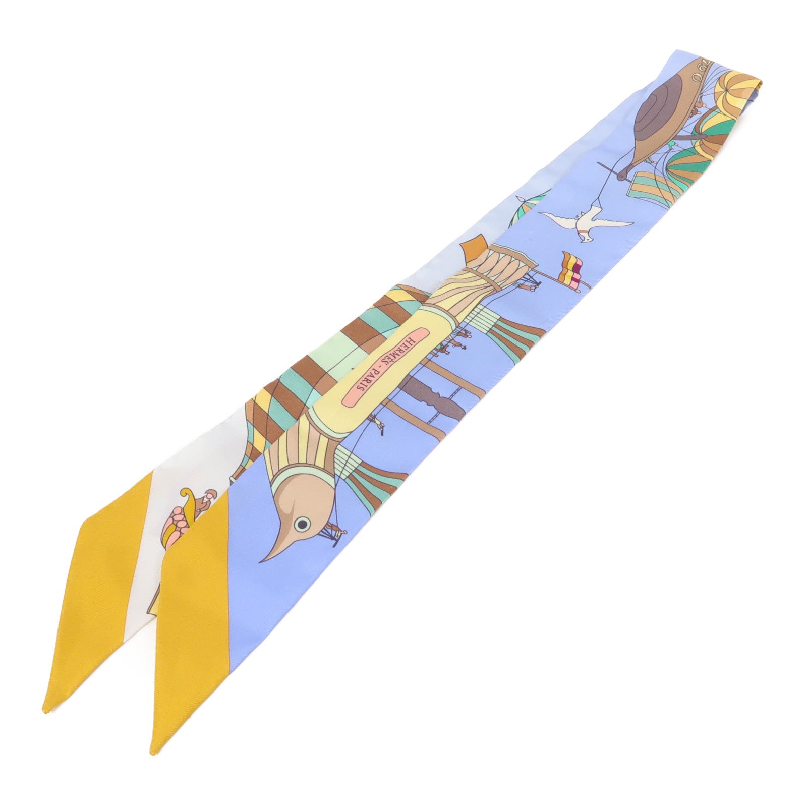HERMES 絲質Twilly絲巾藍色/黃色