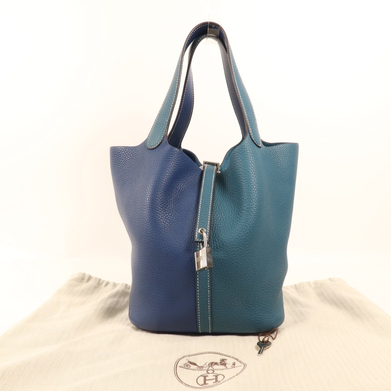 HERMES Clemence皮革Picotin MM銀扣手挽袋Deep Blue/Vert Bosphore