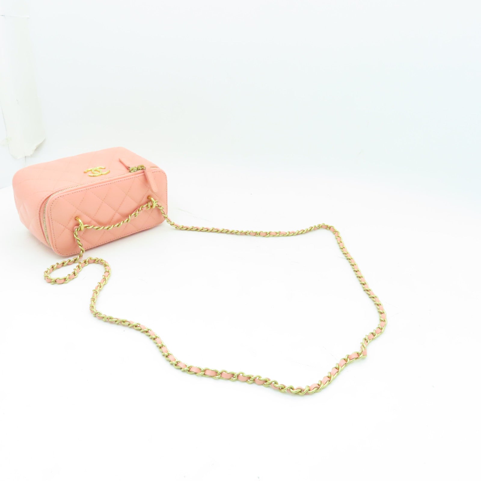 CHANEL 【激減優惠】菱格羊皮皮革Vanity Case金扣鏈帶肩背袋粉紅色