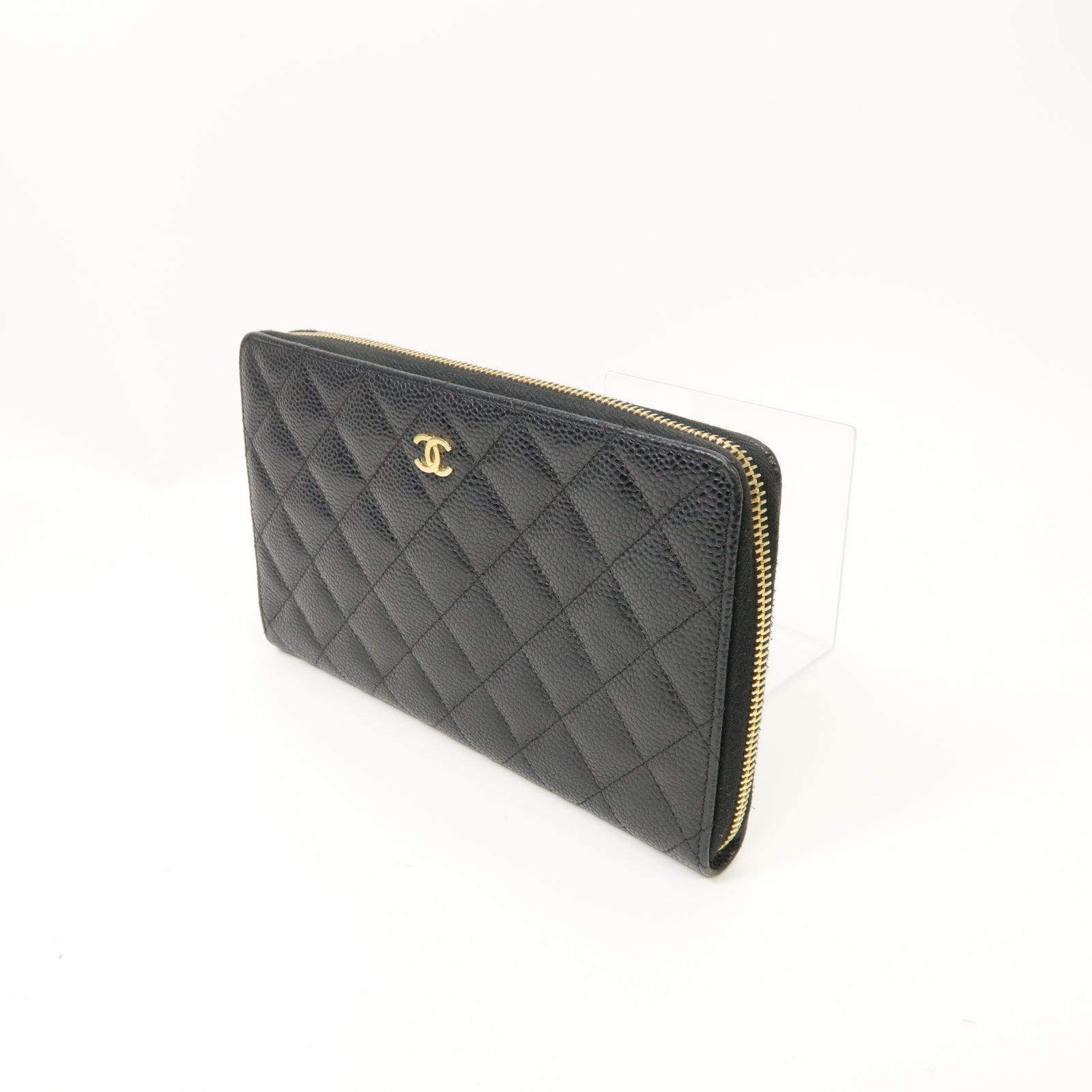 CHANEL **【激減優惠】菱格Caviar皮革Zipped Wallet金扣長錢包黒色