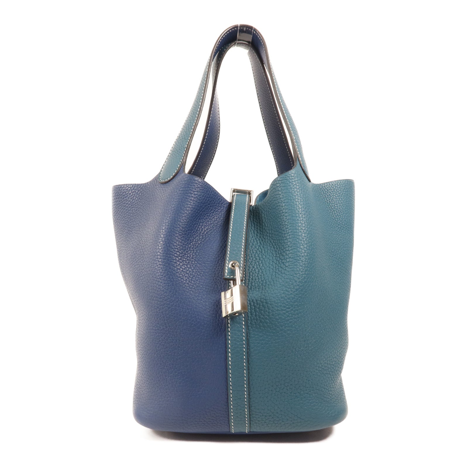 HERMES Clemence皮革Picotin MM銀扣手挽袋Deep Blue/Vert Bosphore