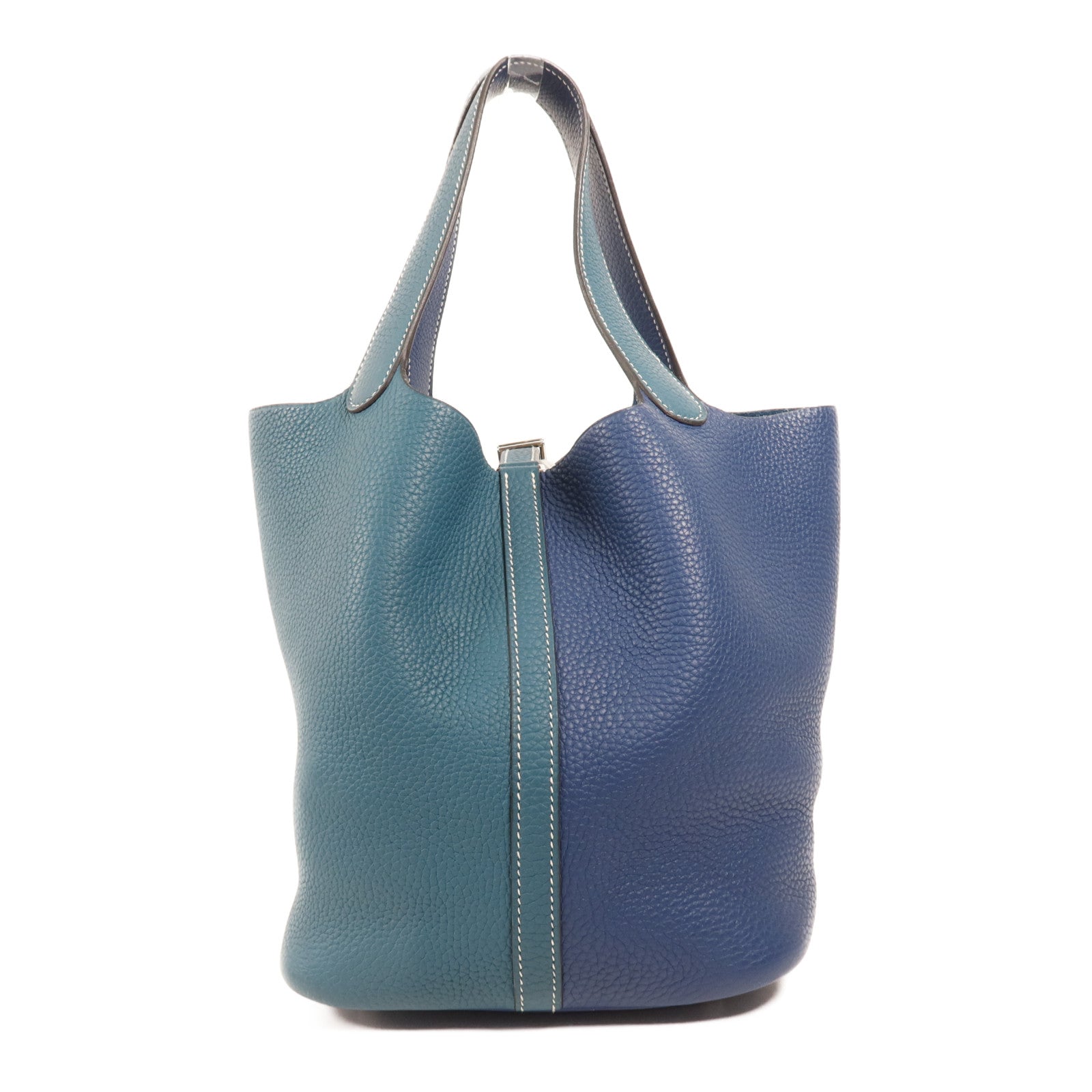 HERMES Clemence皮革Picotin MM銀扣手挽袋Deep Blue/Vert Bosphore