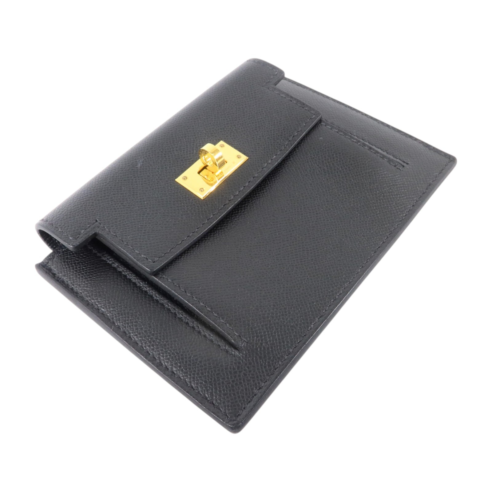 HERMES Madame皮革Kelly Pocket Compact Wallet金扣錢包Noir
