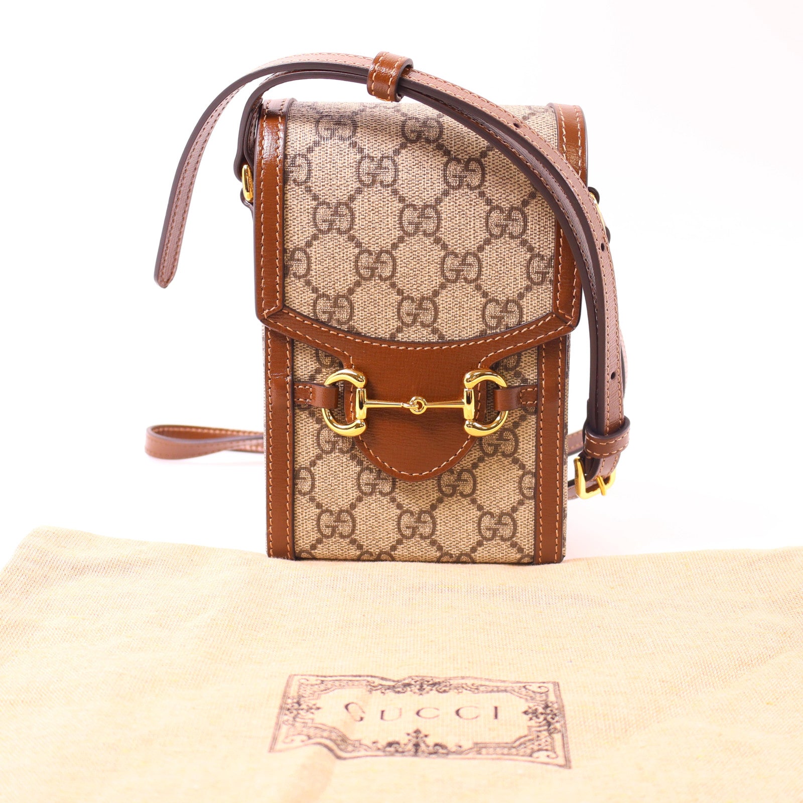 GUCCI 塗層帆布Horsebit 1955 Mini Bag金扣肩背袋棕色