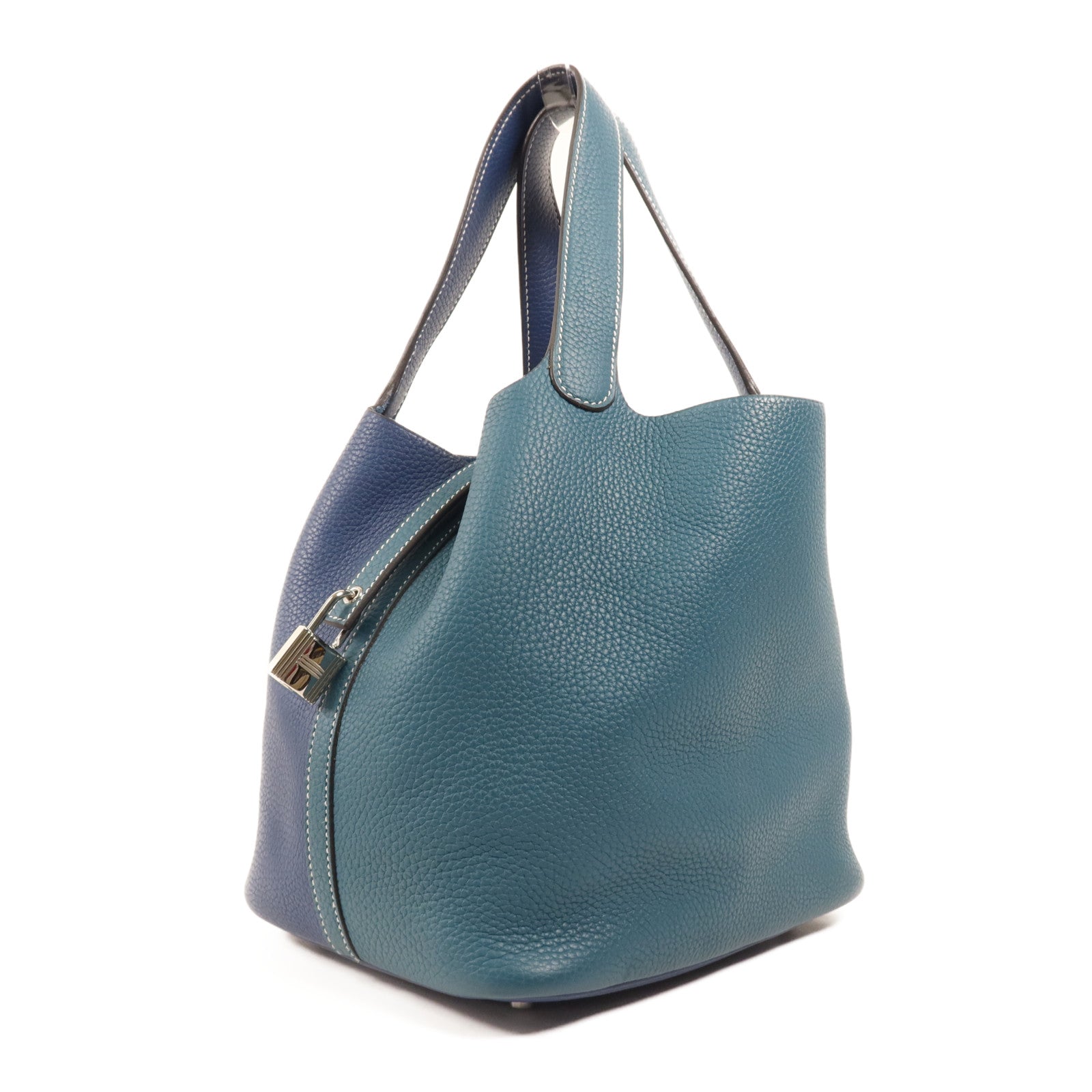 HERMES Clemence皮革Picotin MM銀扣手挽袋Deep Blue/Vert Bosphore