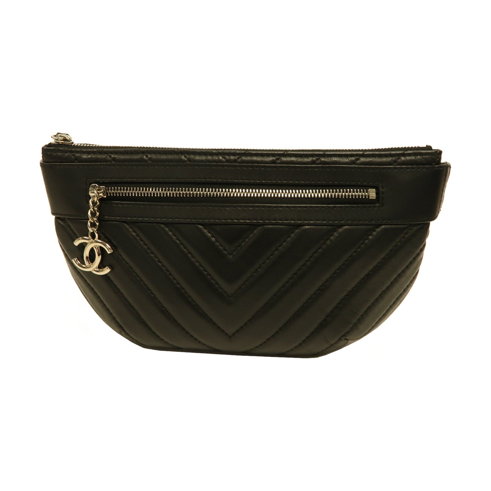 CHANEL 【激減優惠】斜紋羊皮皮革Waist Bag銀扣腰包黑色
